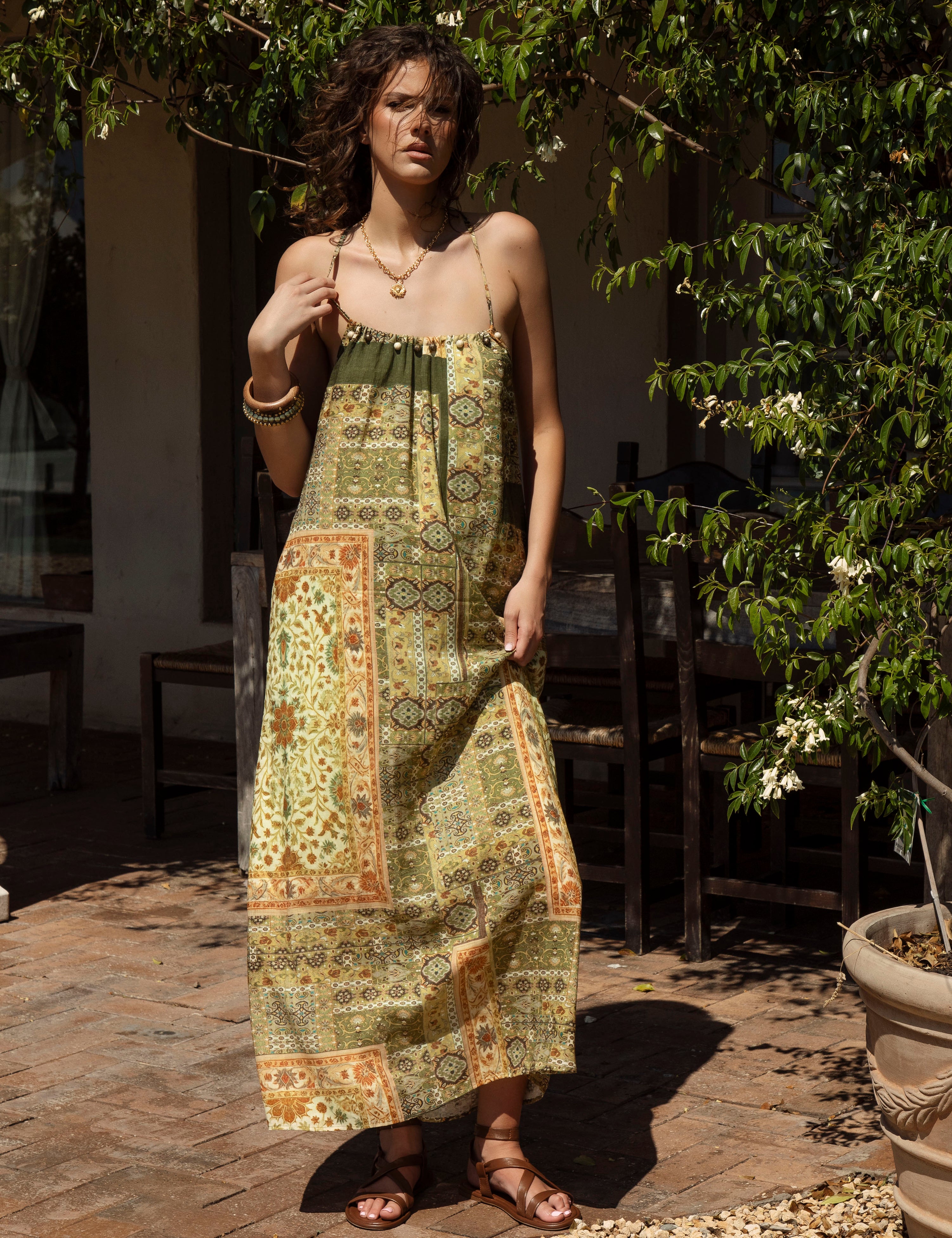 Tuscan Summer Sundress - sleeveless maxi dress in vintage inspired print in shades of green, brown and orange.