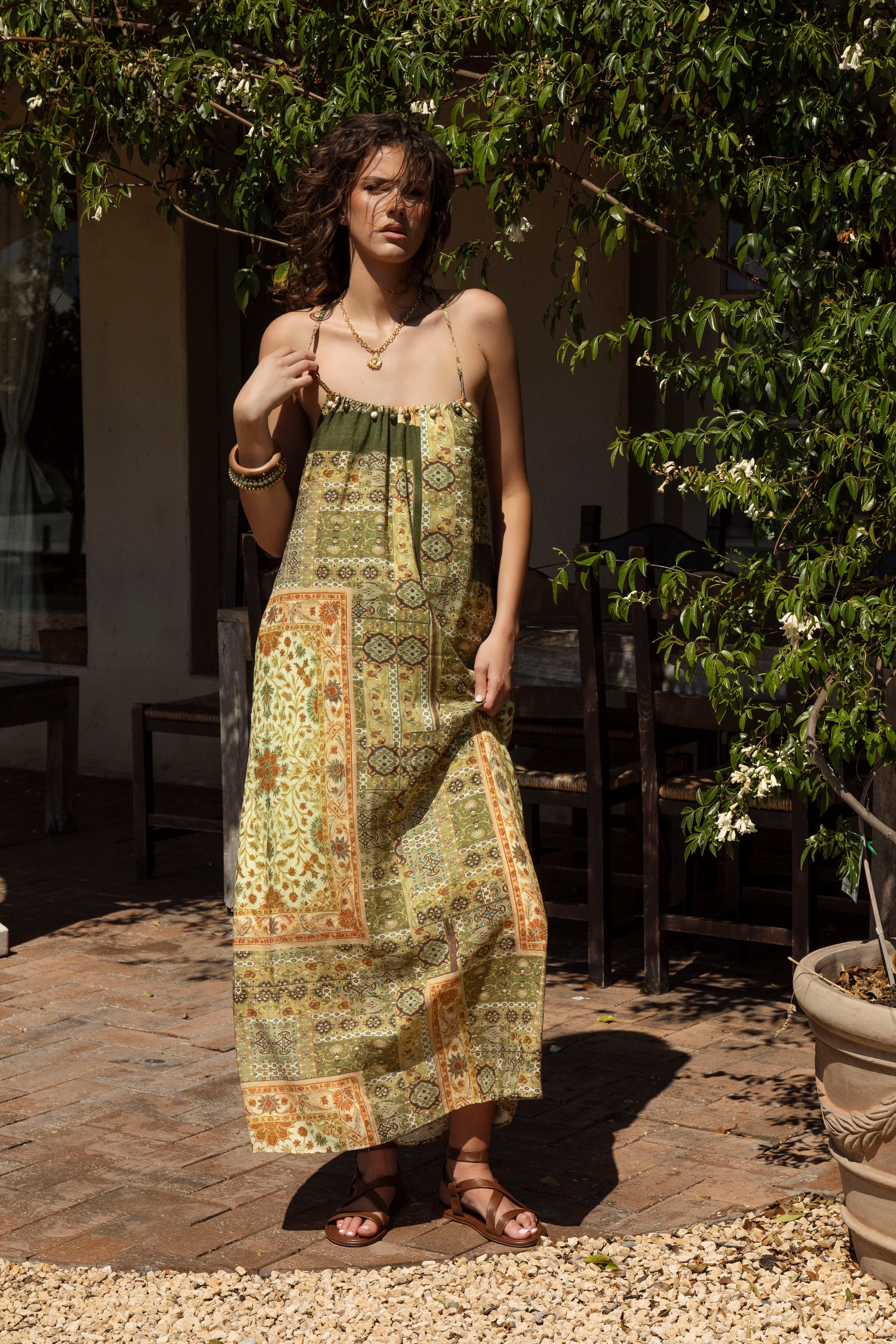 Tuscan Summer Sundress - sleeveless maxi dress in vintage inspired print in shades of green, brown and orange.