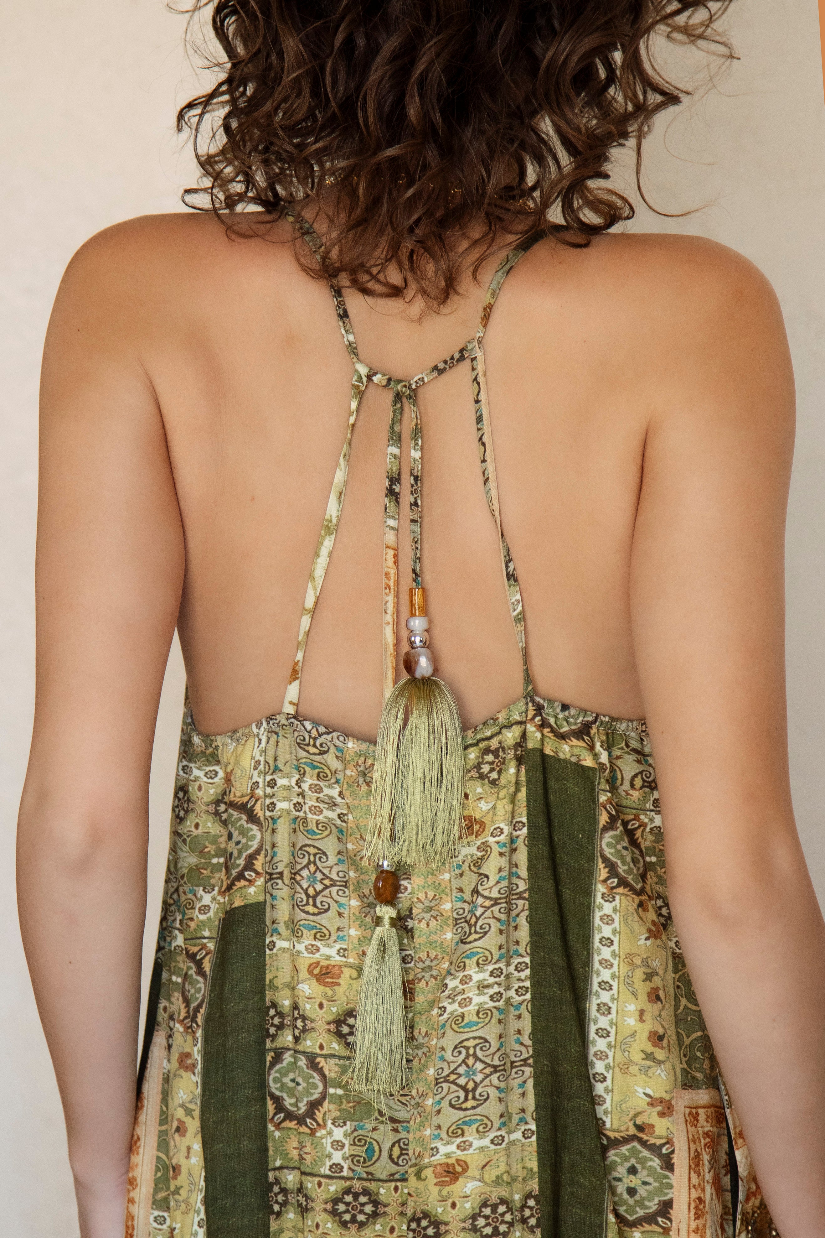 Tuscan Summer Sundress - close up view of tie closure with bead embellishment