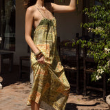 Tuscan Summer Sundress - casual maxi dress featuring spaghetti straps and a vintage inspired Bohemian pattern in shades of green and brown
