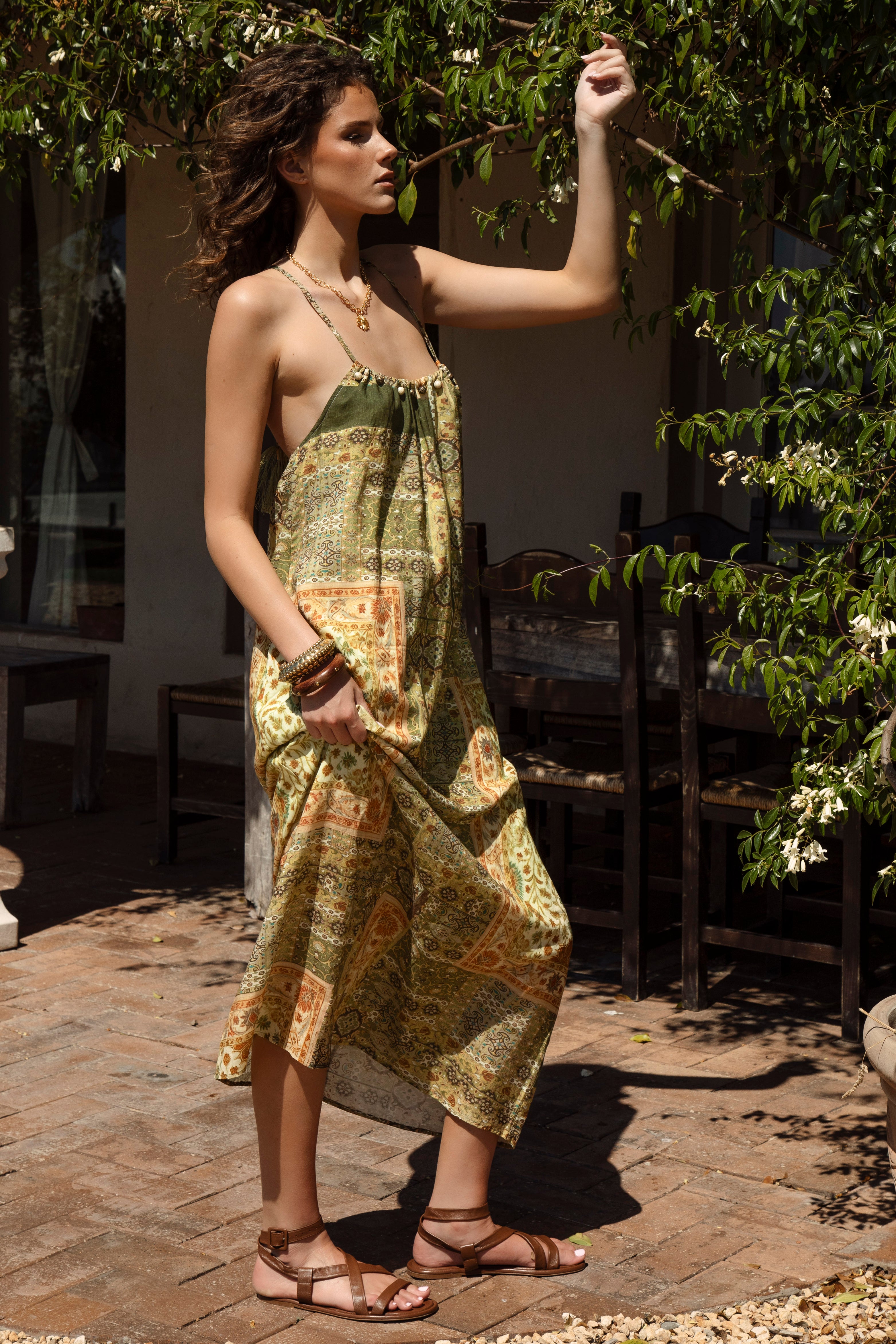Tuscan Summer Sundress - casual maxi dress featuring spaghetti straps and a vintage inspired Bohemian pattern in shades of green and brown