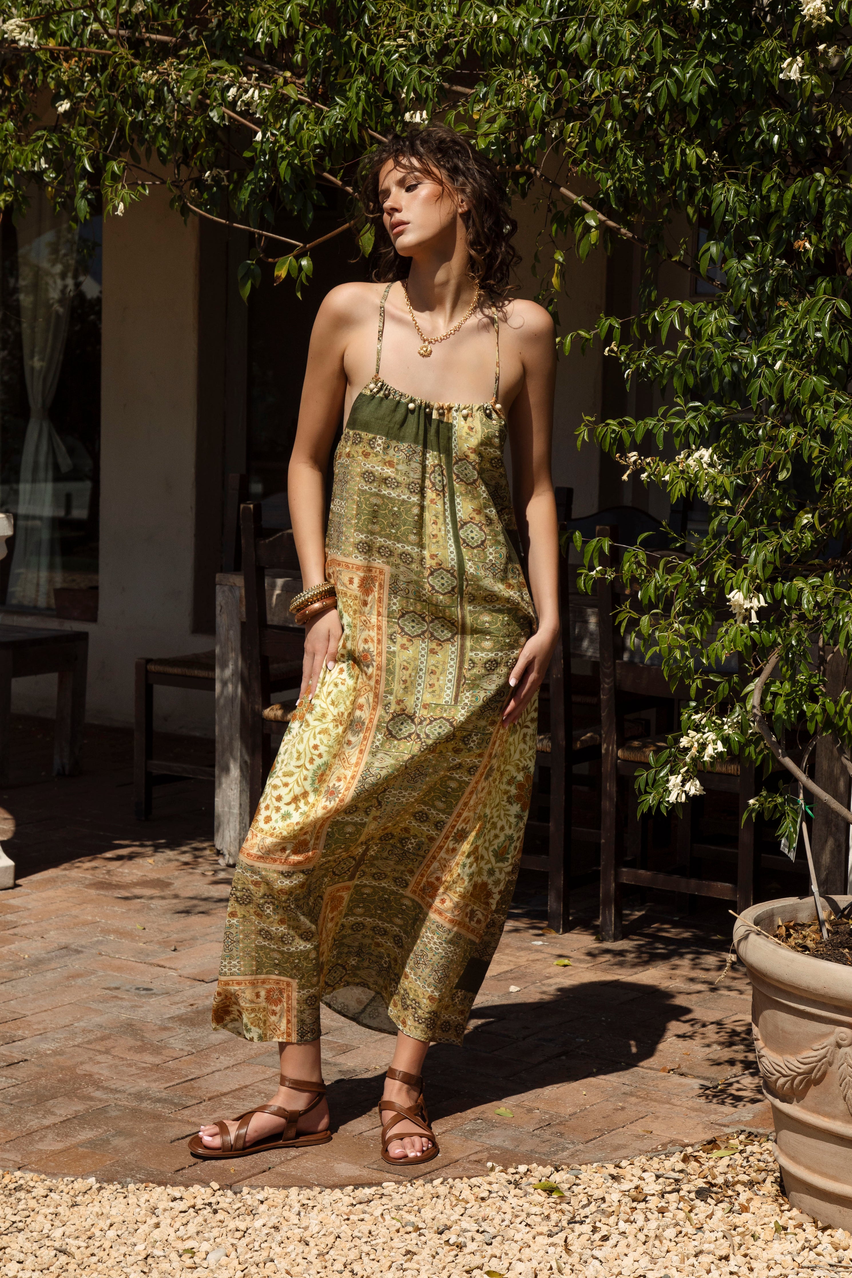 Tuscan Summer Sundress worn with Nomad Strappy Sandals