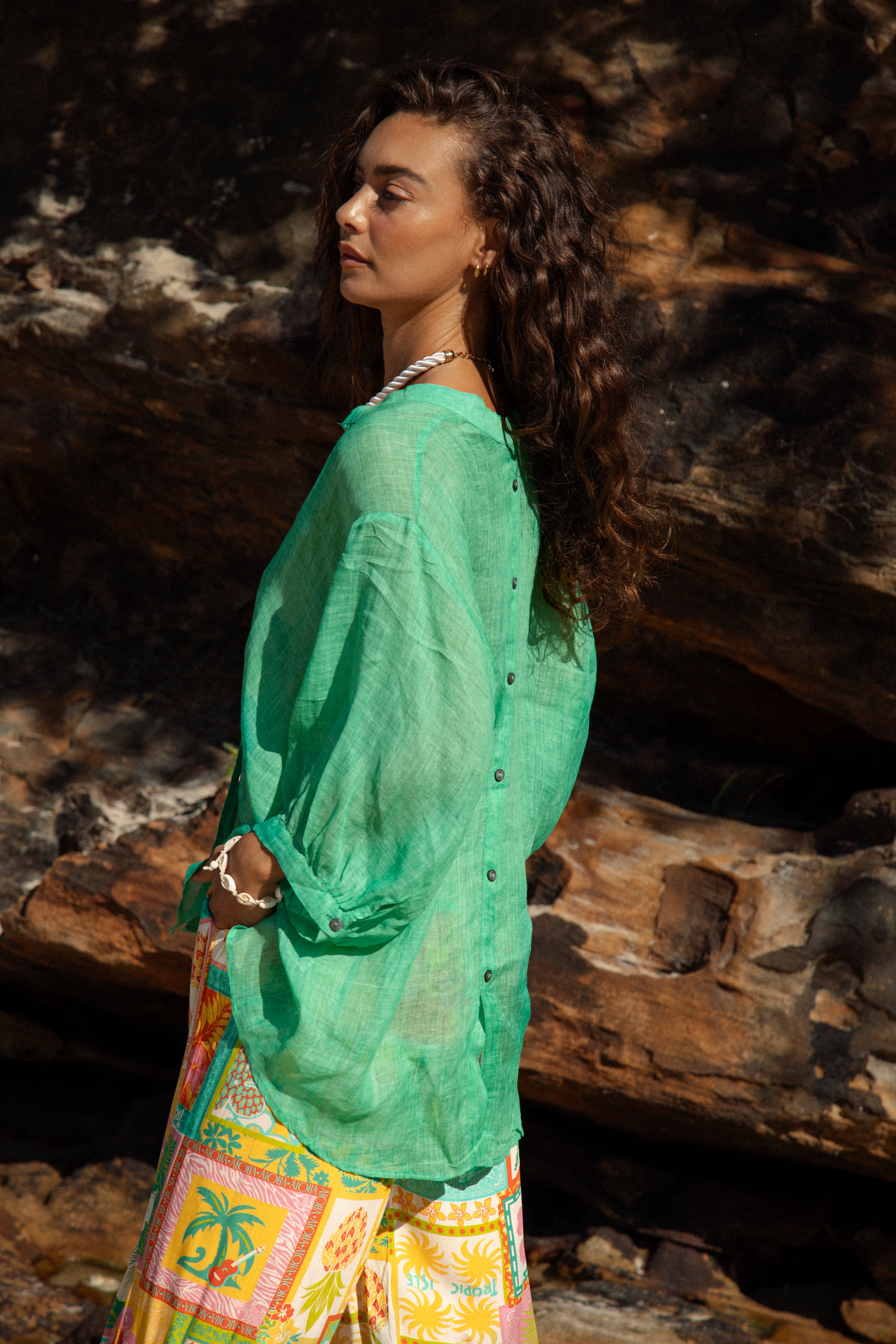 Under The Palm Shirt Seafoam side view of 3/4 sleeves