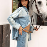 Untamed Denim Shirt side view showcasing oversized fit