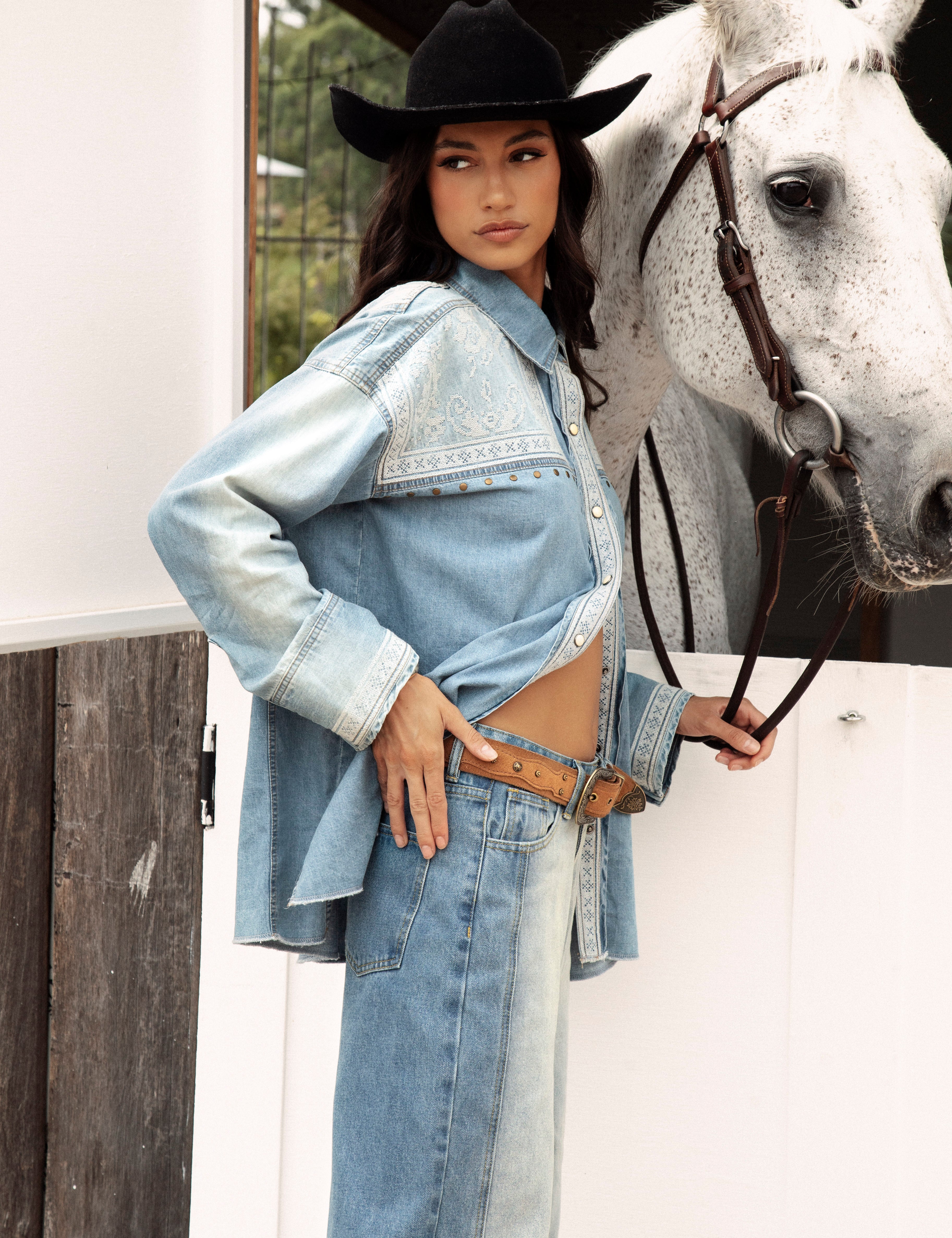 Untamed Denim Shirt side view showcasing oversized fit