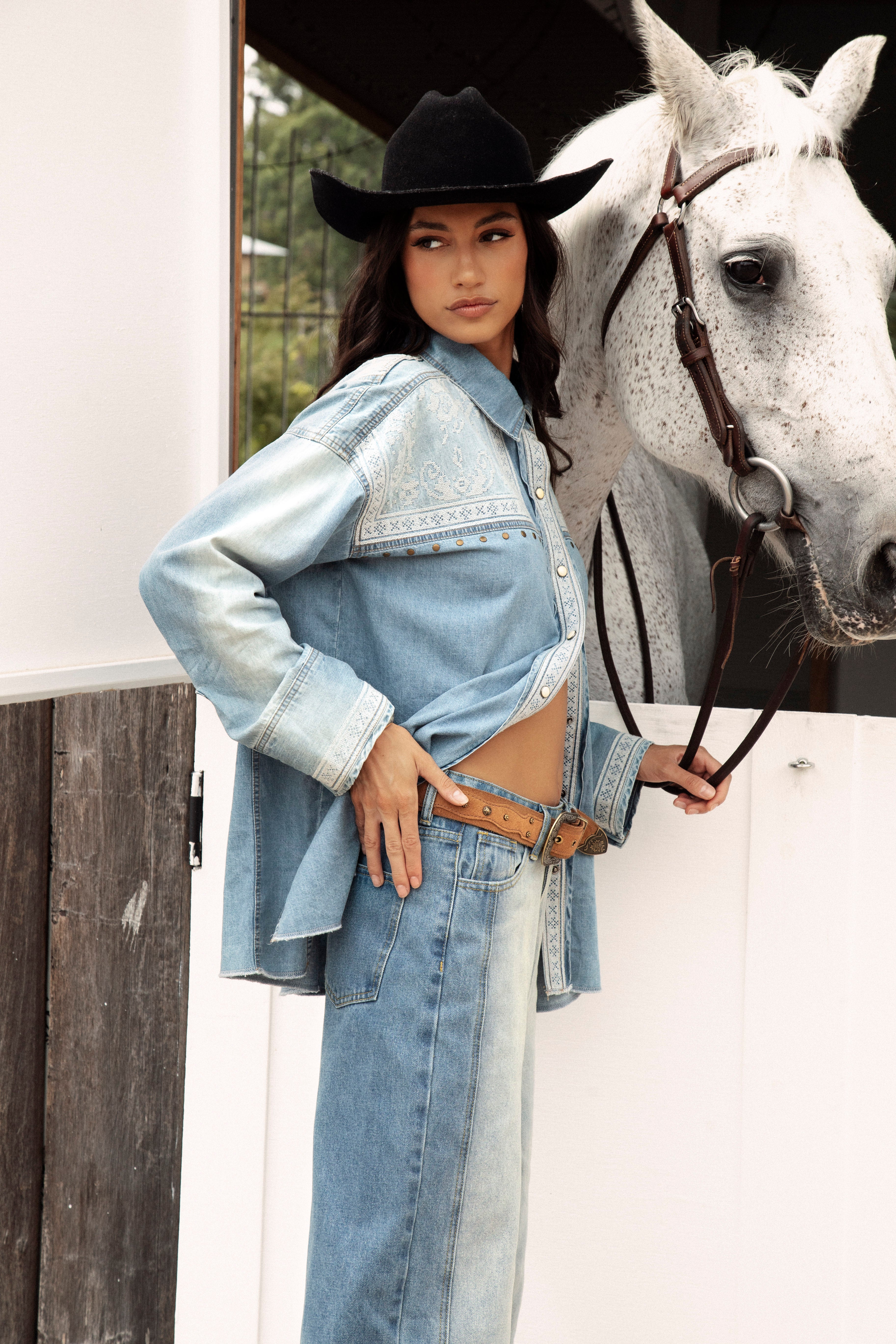 Untamed Denim Shirt side view showcasing oversized fit