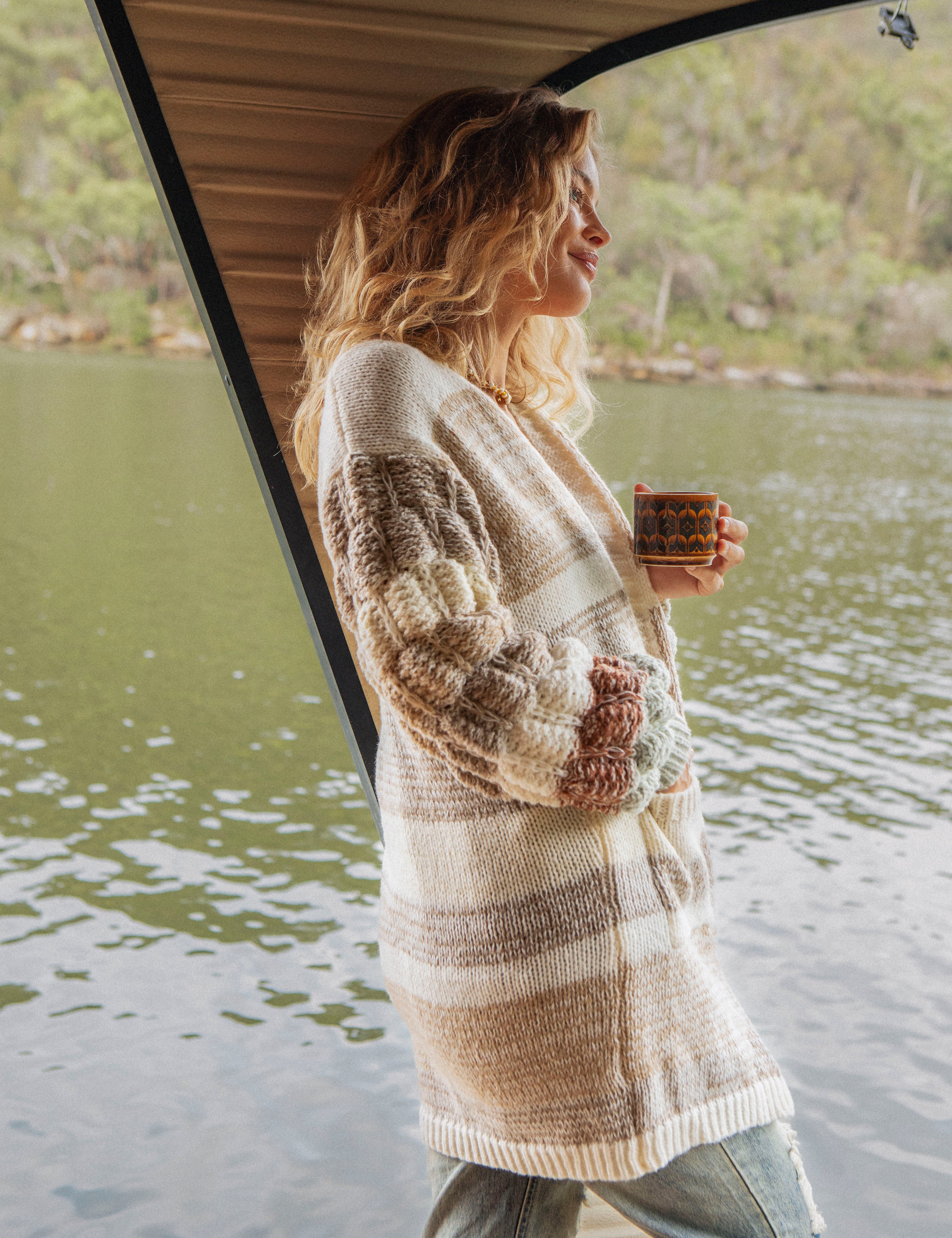 Vanilla Stripe Cardigan - side view.