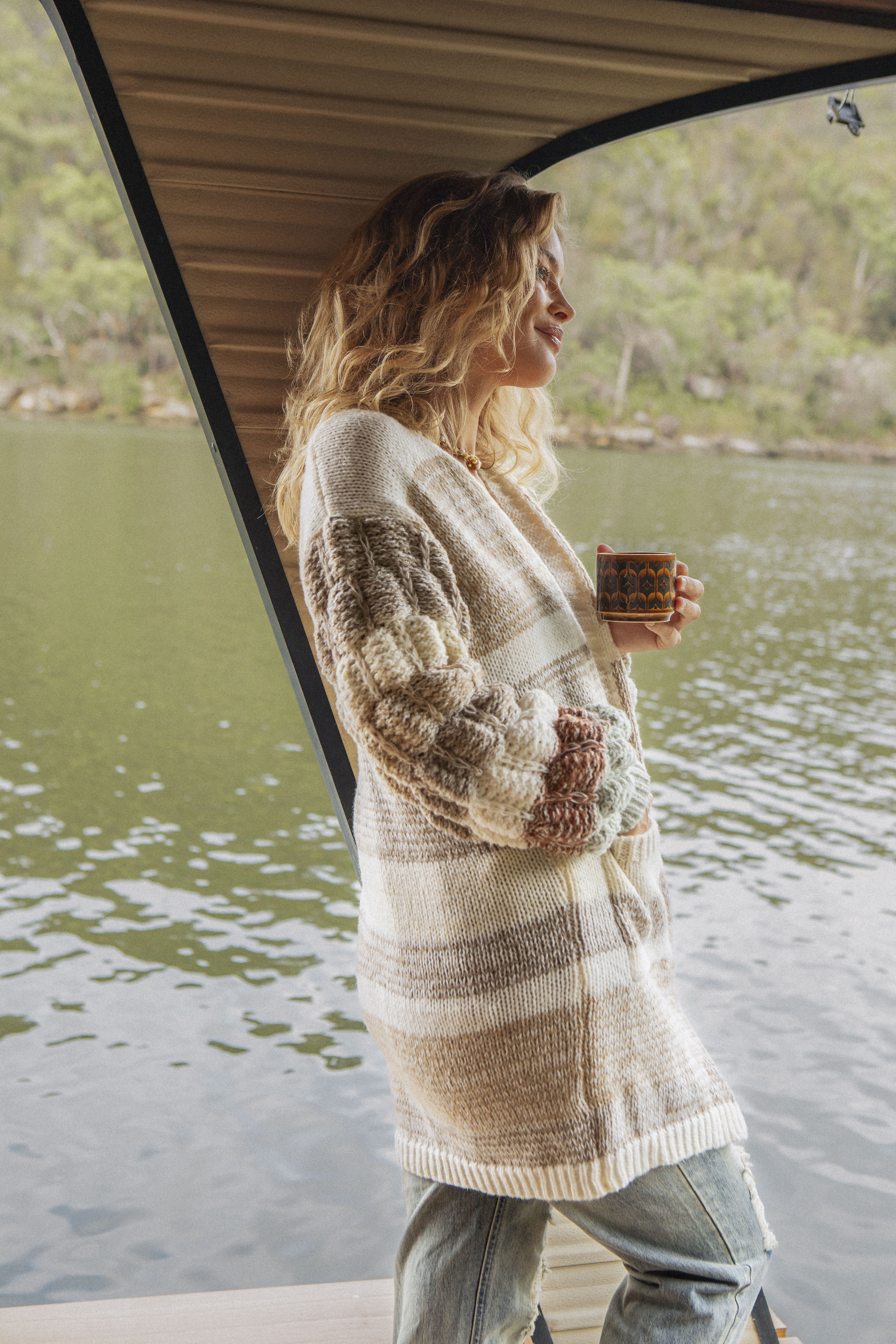 Vanilla Stripe Cardigan - side view.