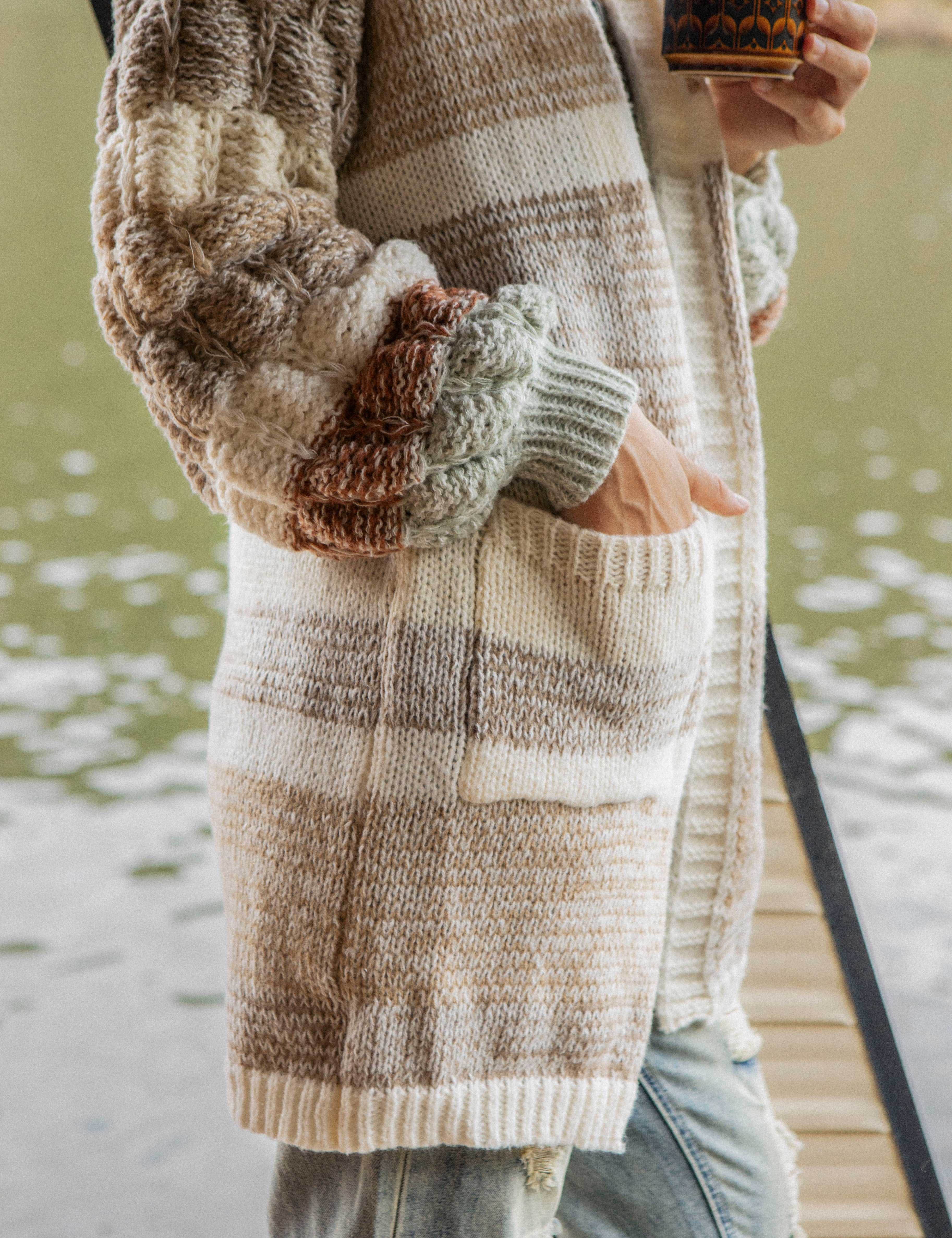 Vanilla Stripe Cardigan - close up view of textured knit