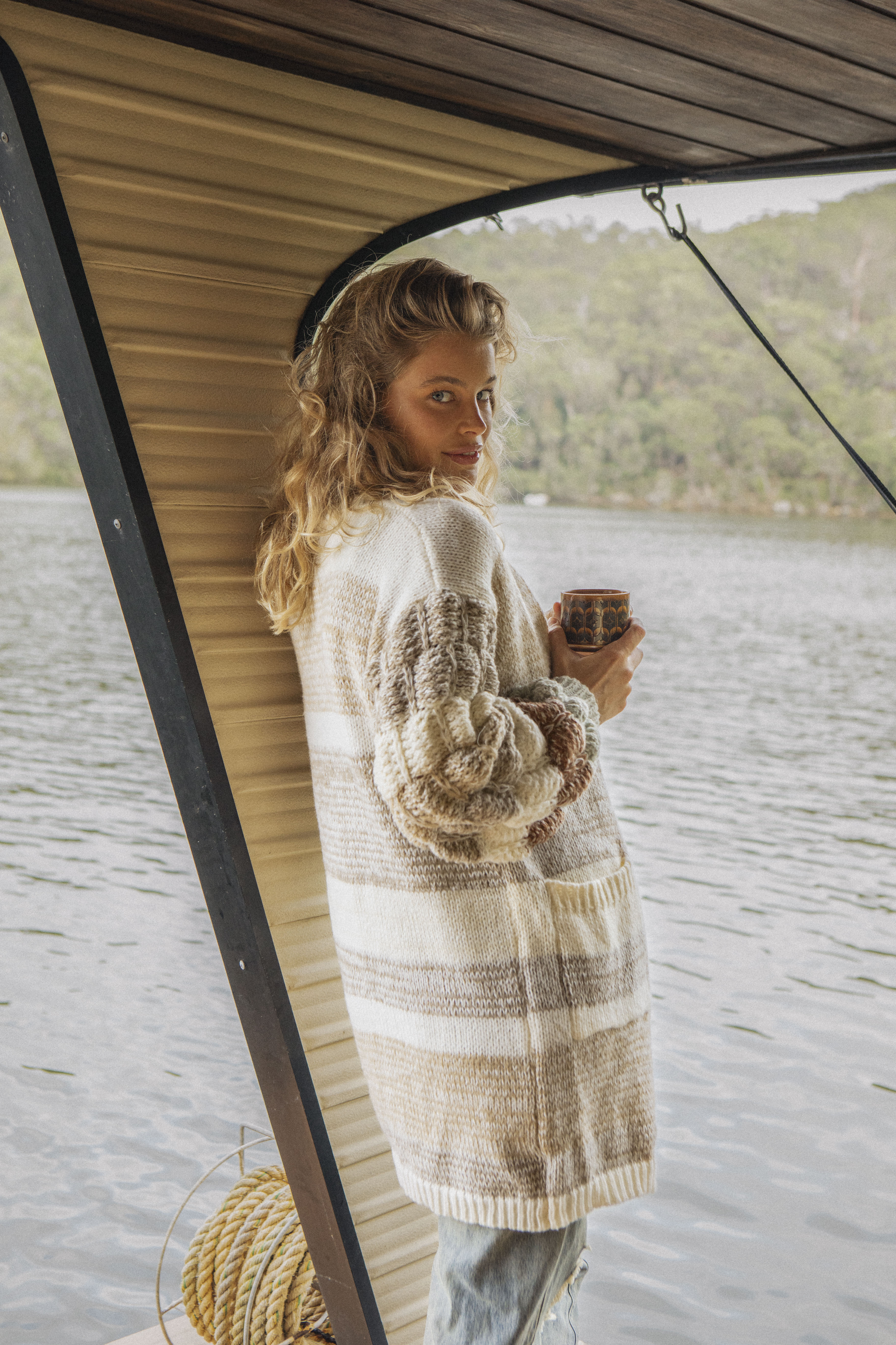 Vanilla Stripe Cardigan - side and rear view.