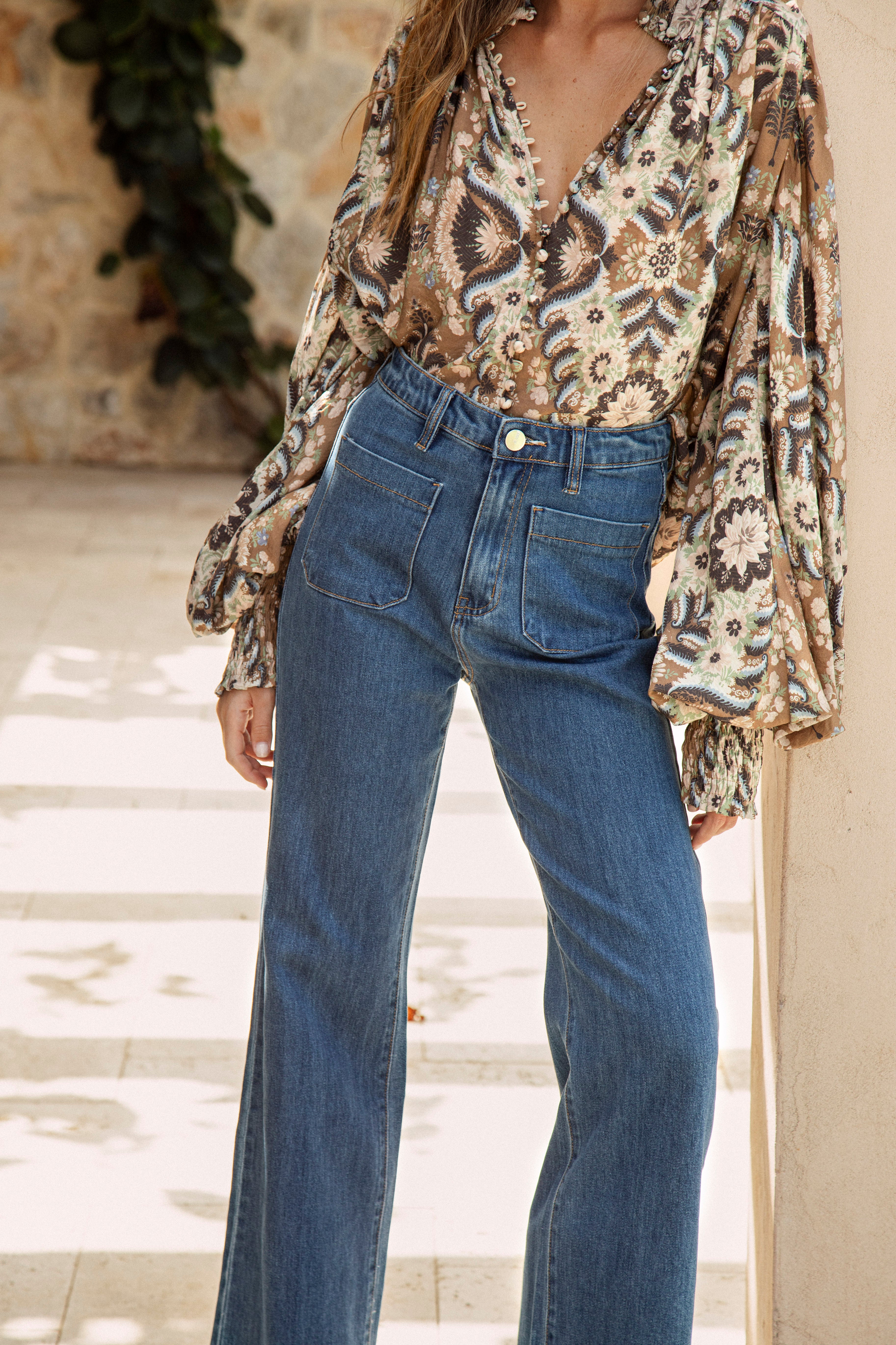 Victoria Vintage Jean- high waisted bootleg style jean in mid blue denim