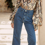 Victoria Vintage Jean- high waisted bootleg style jean in mid blue denim
