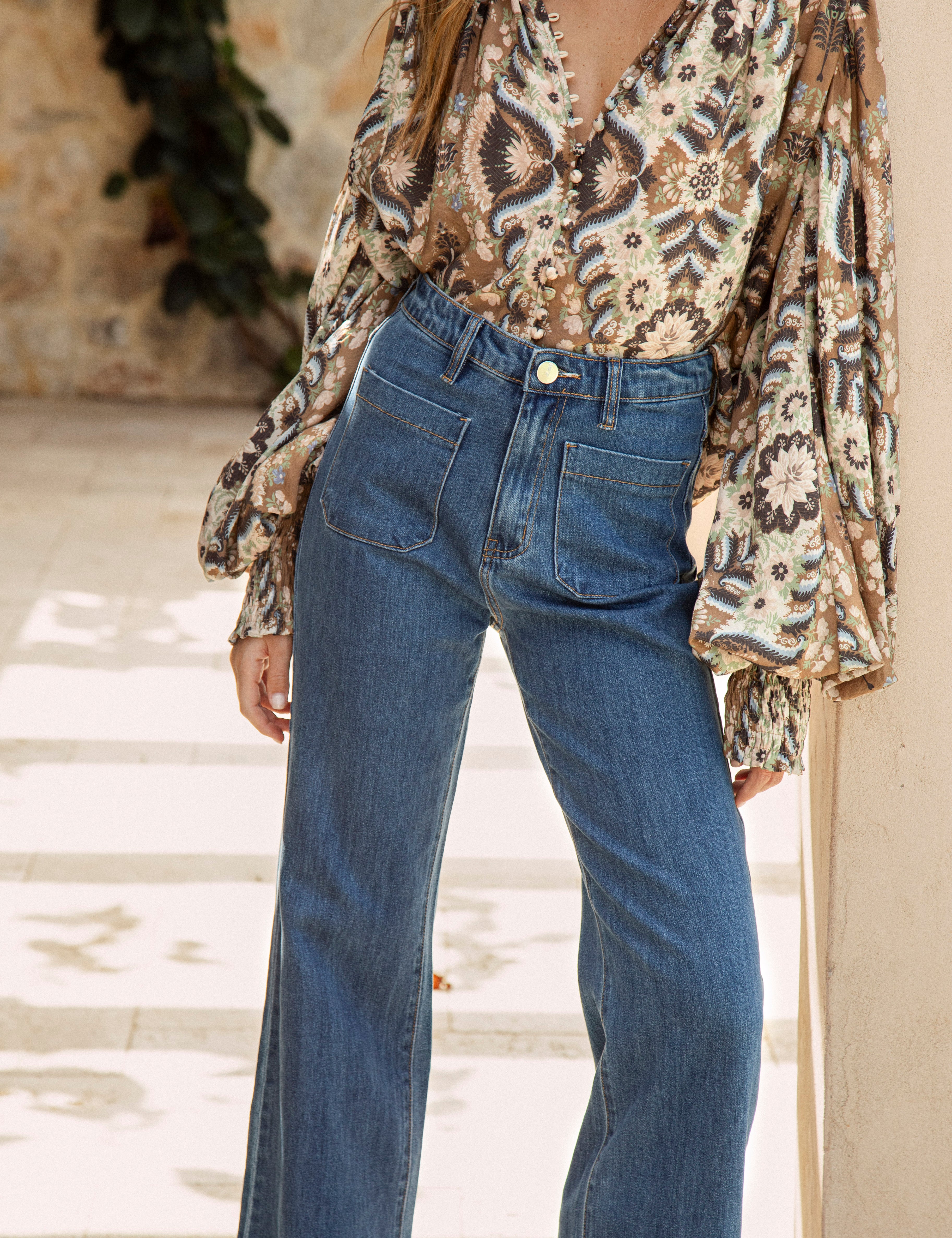 Victoria Vintage Jean- high waisted bootleg style jean in mid blue denim
