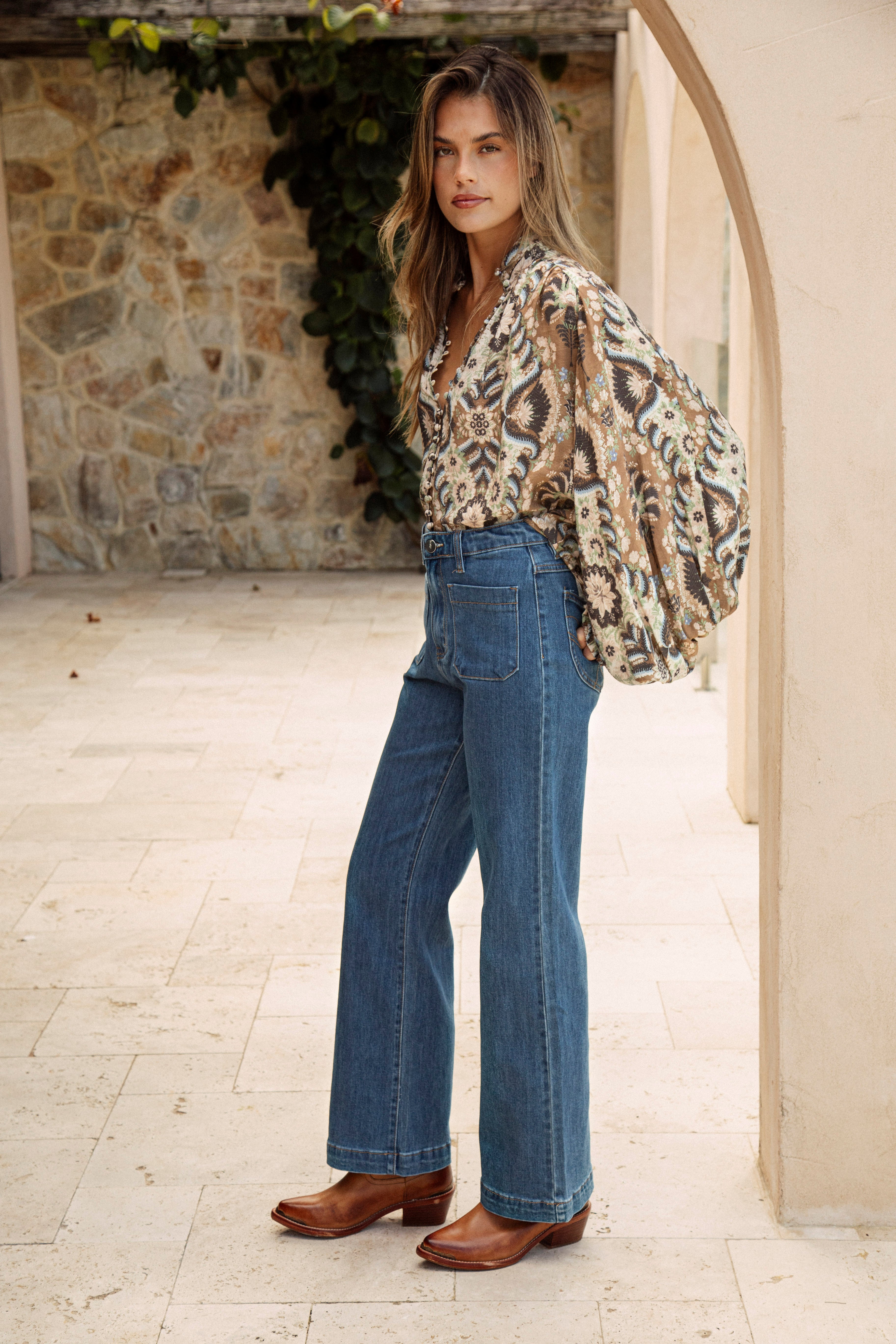 Victoria Vintage Jean featuring statement pockets at front and high waist style