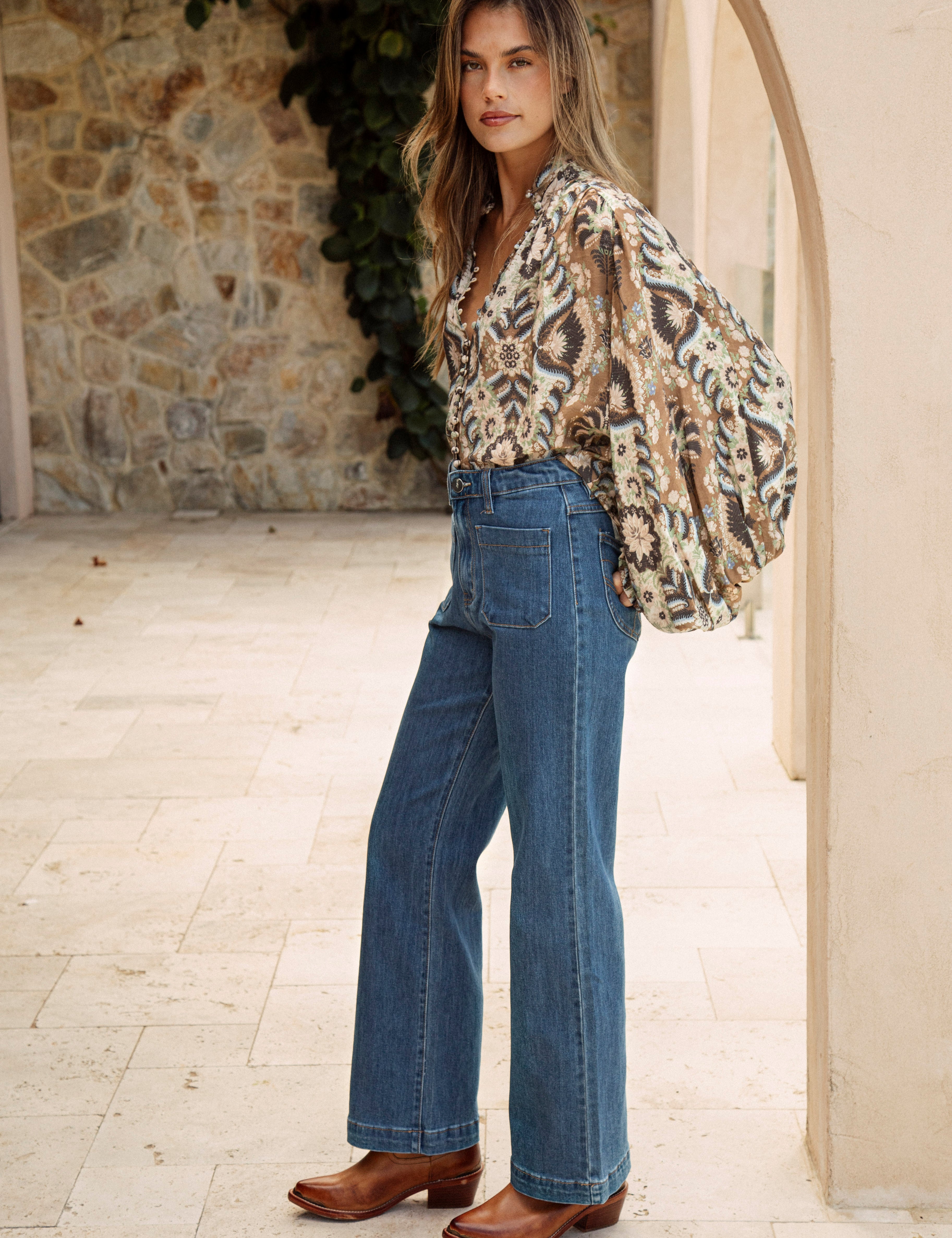 Victoria Vintage Jean featuring statement pockets at front and high waist style
