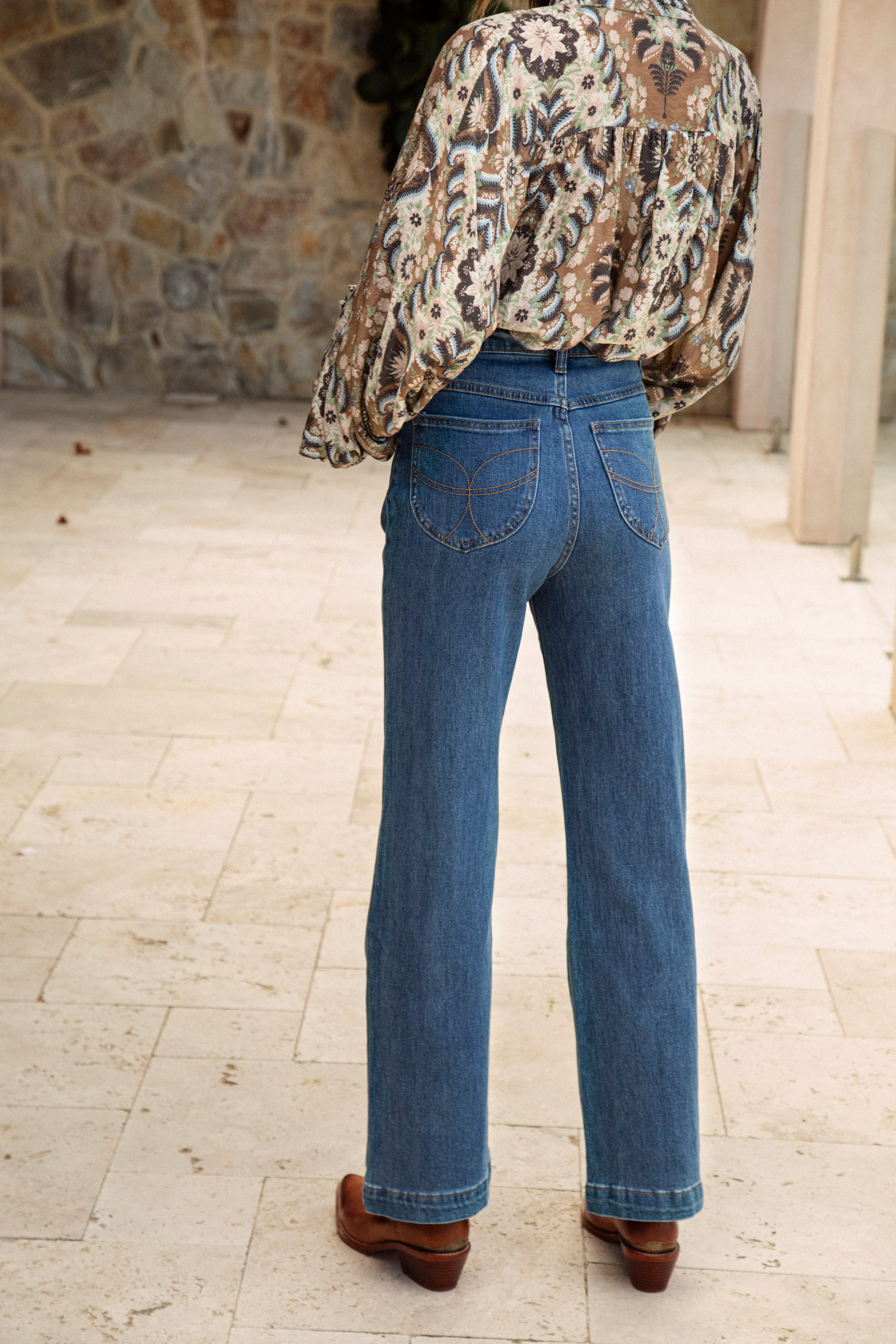 Victoria Vintage Jean - mid blue denim in high waist style with statement stitching on rear pockets