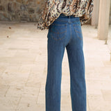 Victoria Vintage Jean - mid blue denim in high waist style with statement stitching on rear pockets
