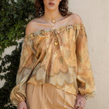 Villa Rosa Blouse Tuscan - showcasing geometric pattern in shades of orange, yellow and brown
