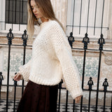 Vintage Romance Knit in cream colourway features drop shoulders and oversized fit
