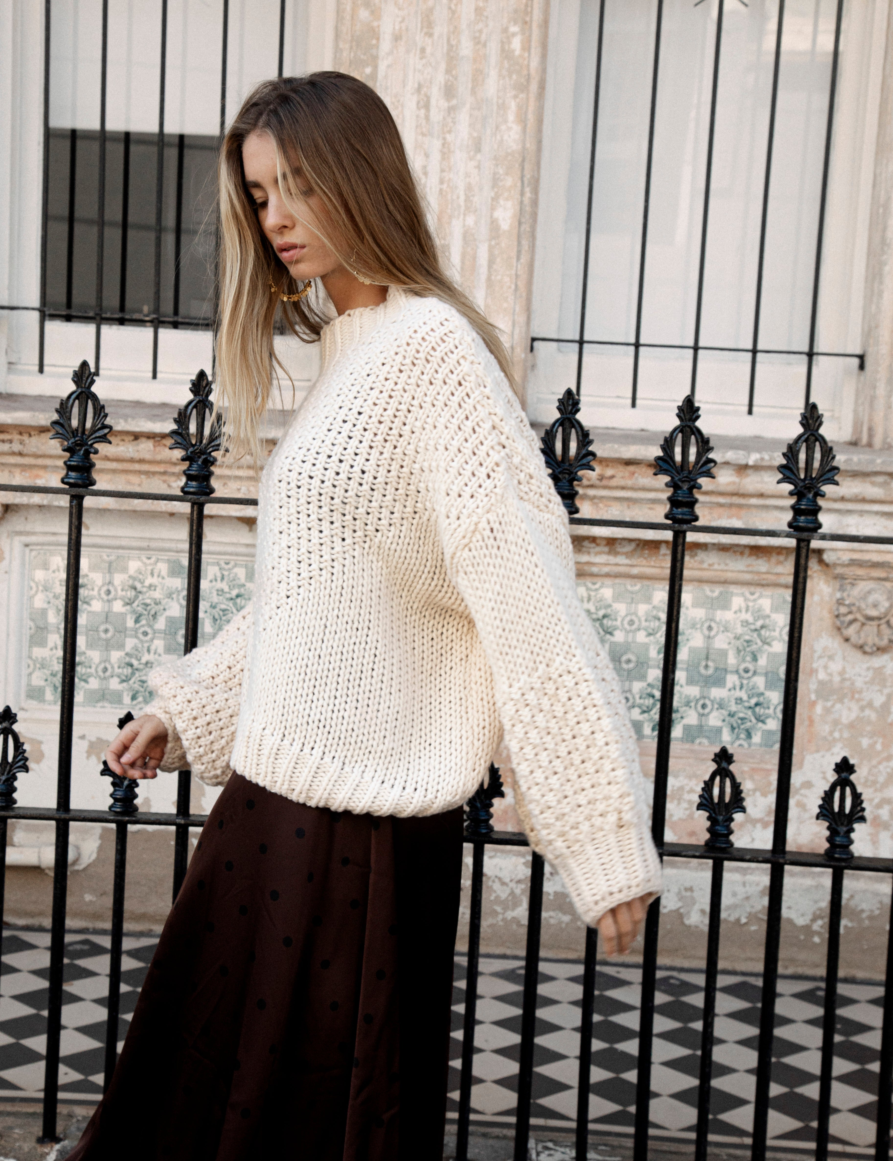 Vintage Romance Knit in cream colourway features drop shoulders and oversized fit