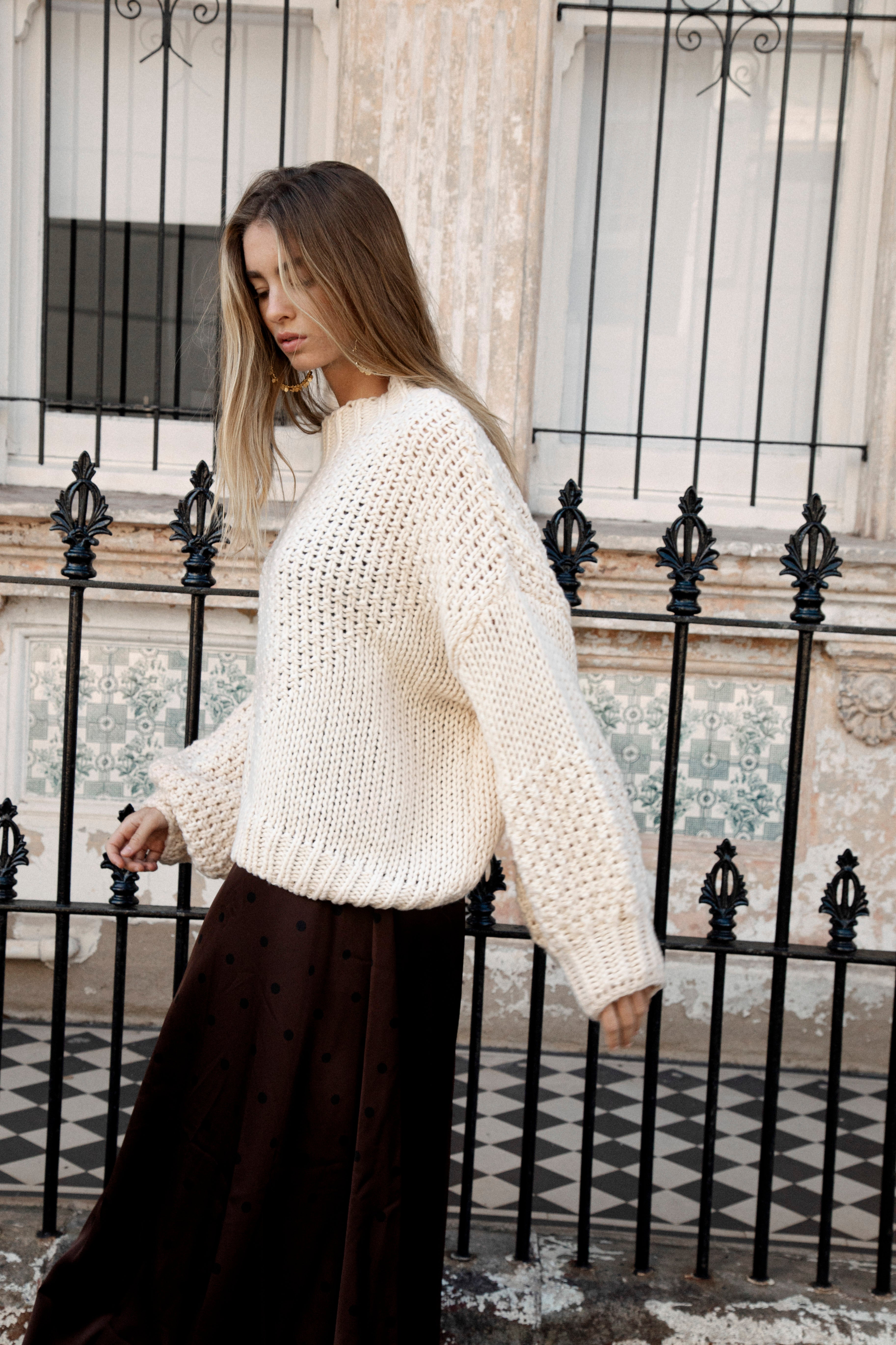 Vintage Romance Knit in cream colourway features drop shoulders and oversized fit