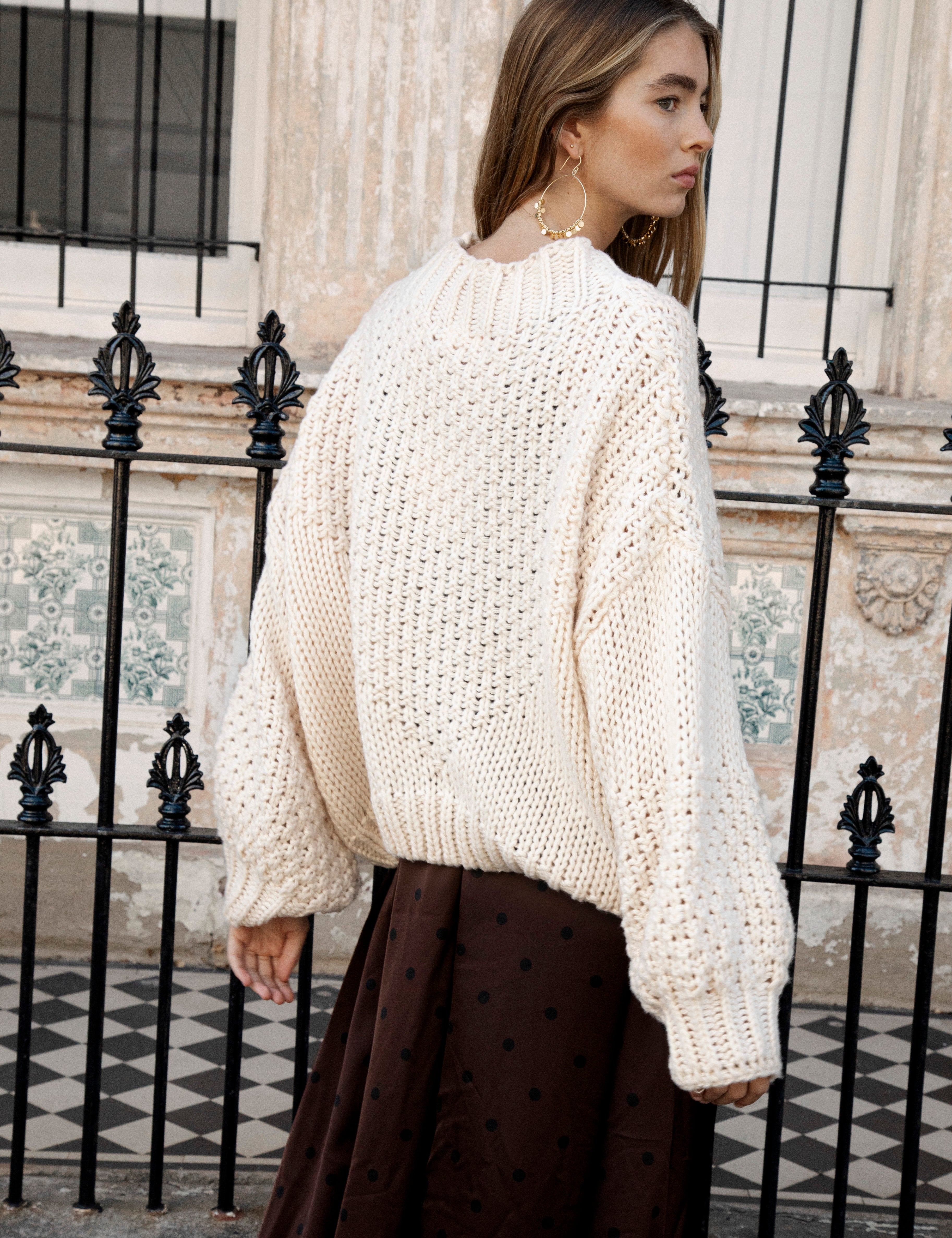 Vintage Romance Sweater Cream - rear view showcasing chunky knit and oversized style