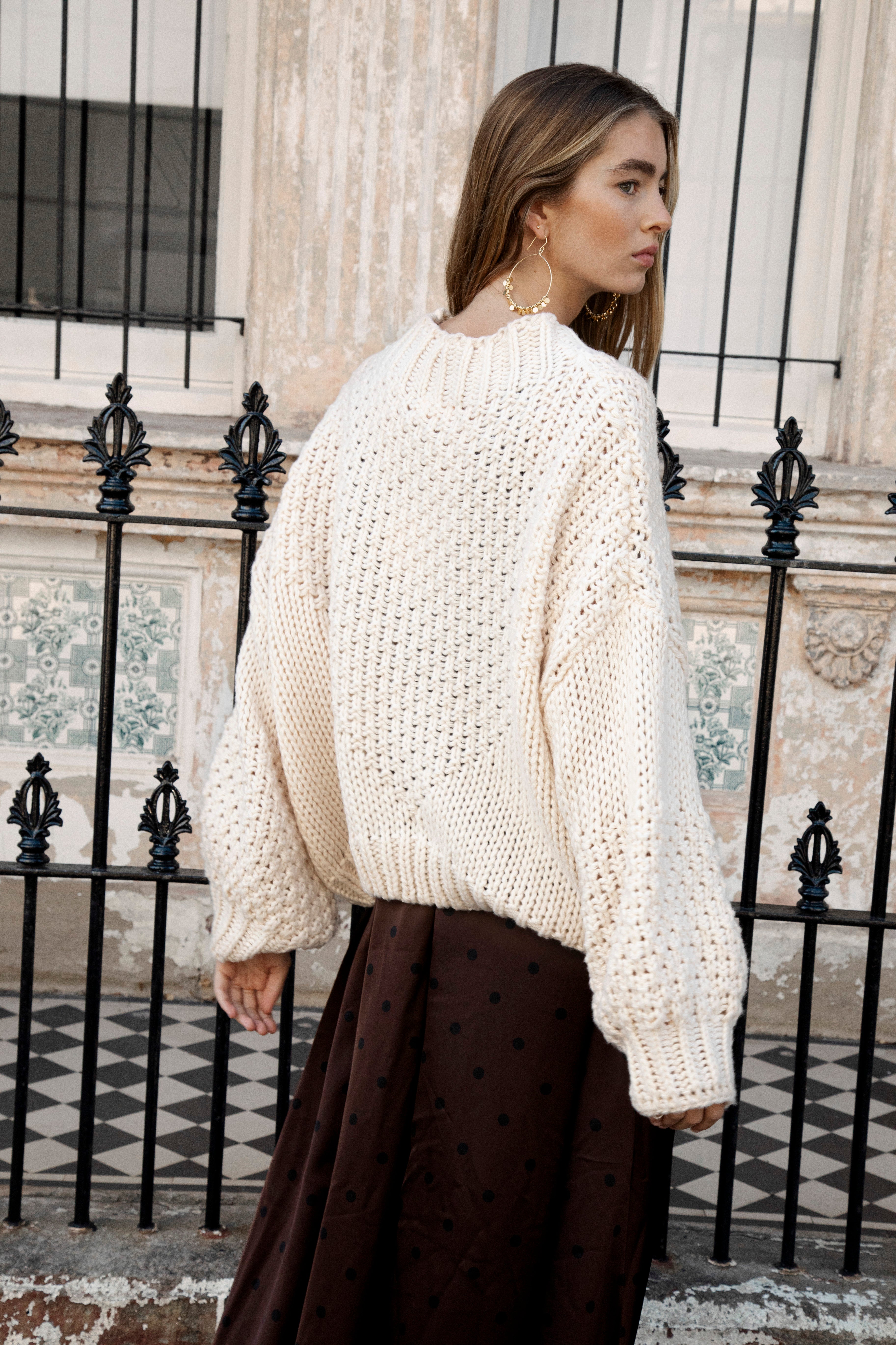 Vintage Romance Sweater Cream - rear view showcasing chunky knit and oversized style
