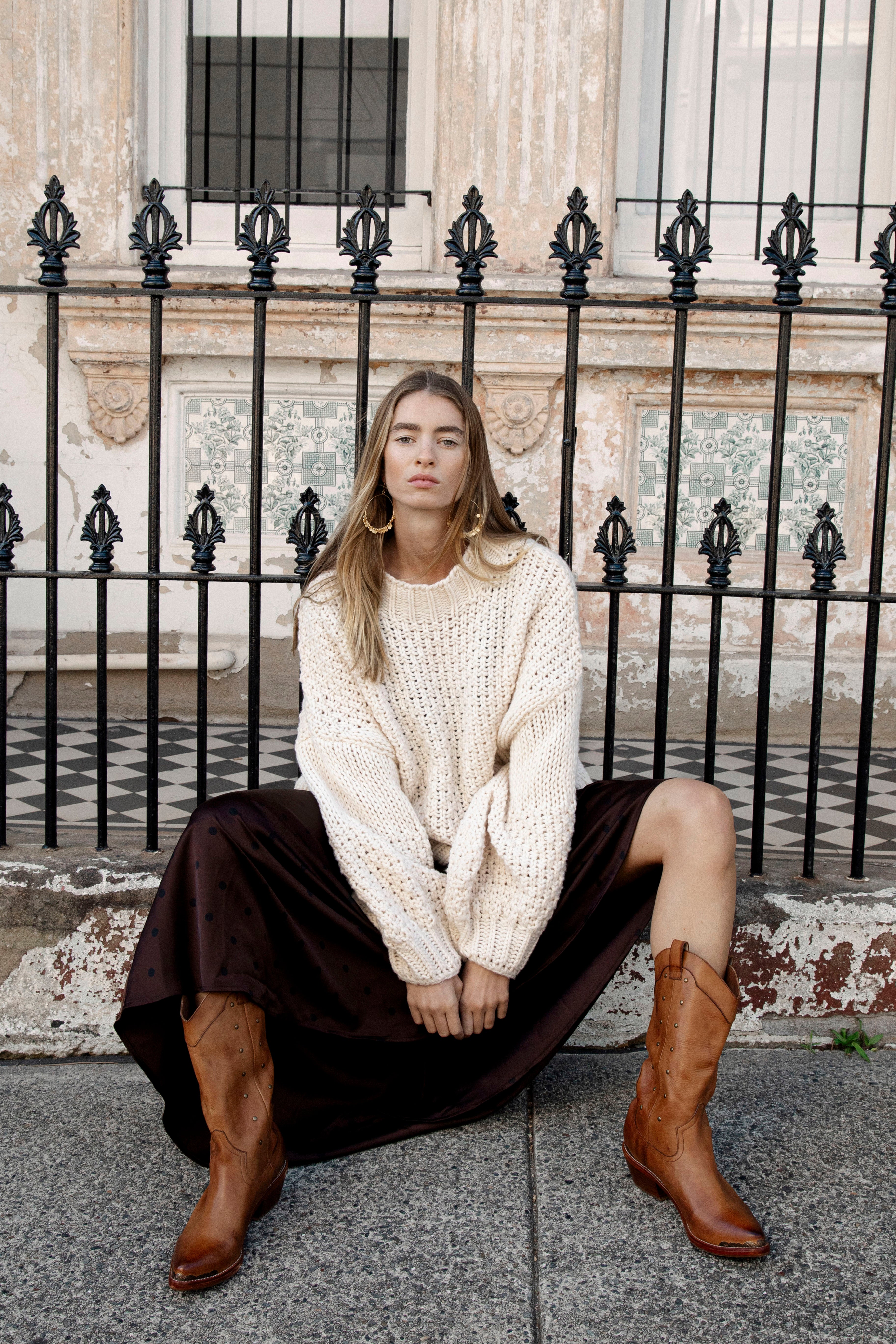 Vintage Romance Knit Cream worn with Drifter Boots by Bella Boheme