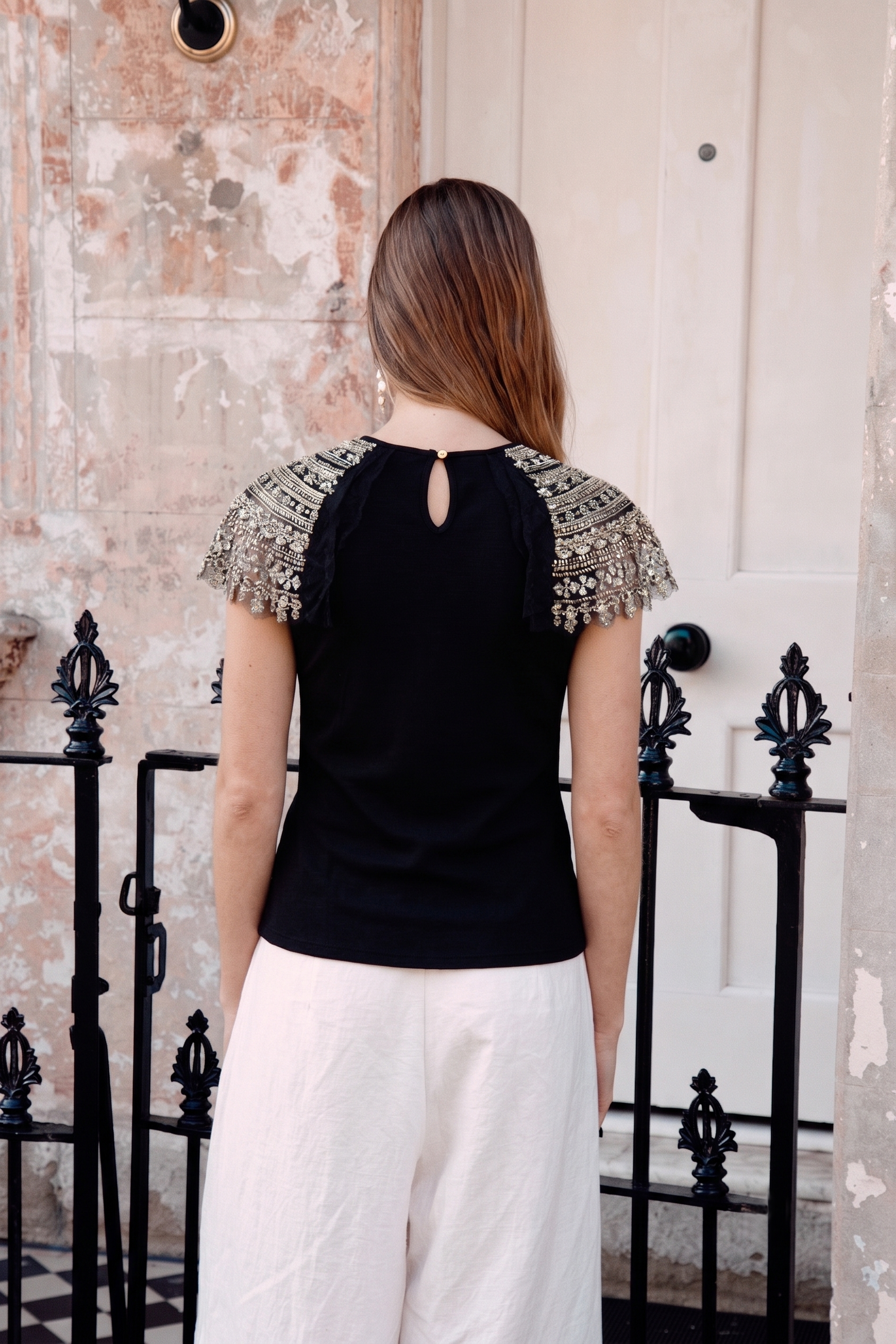 Vogue Embellished Top - black top with intricate beading detail
