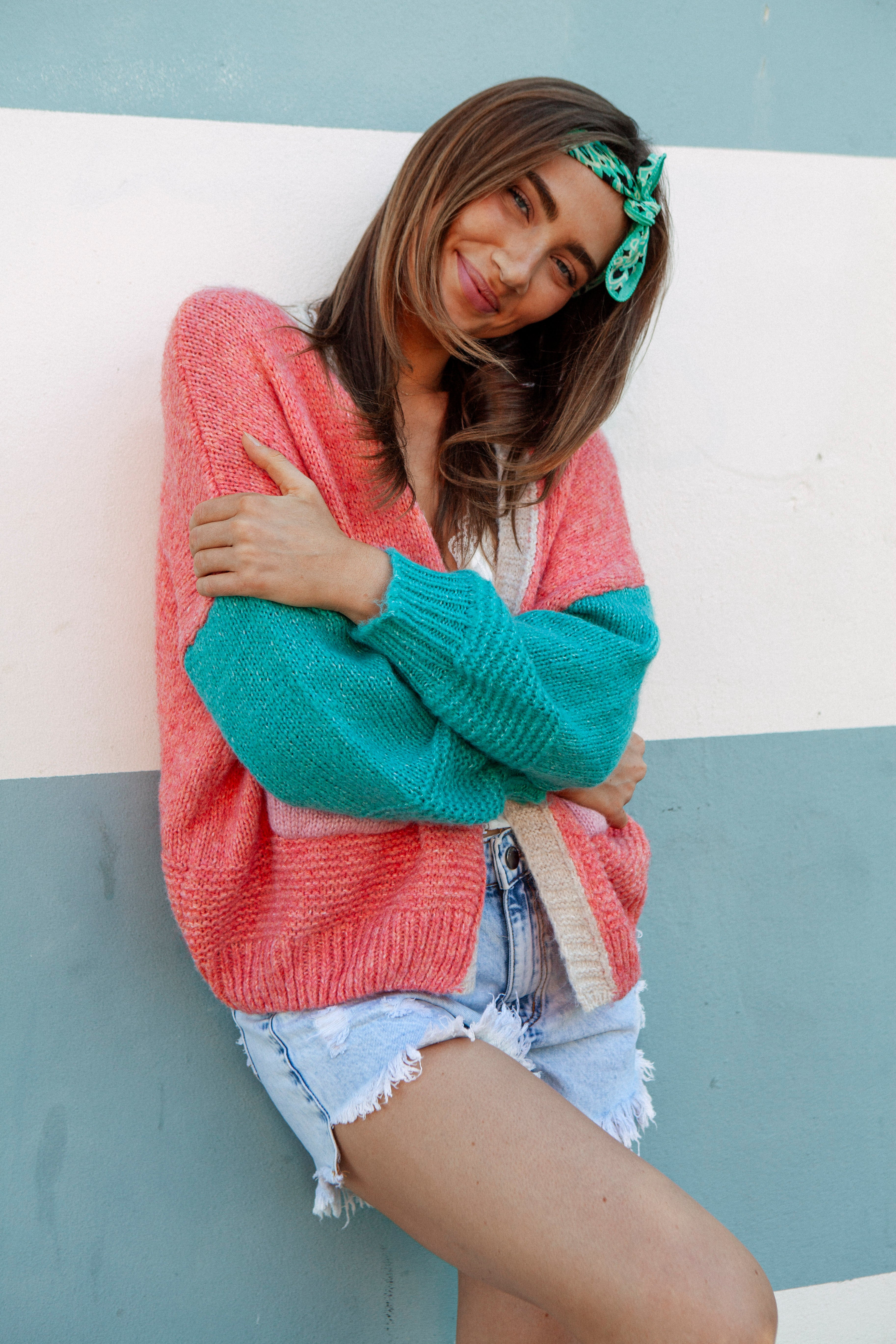 Watermelon Sugar Cardigan. Oversized cardi featuring block colour in shades of peach, turquoise and beige.