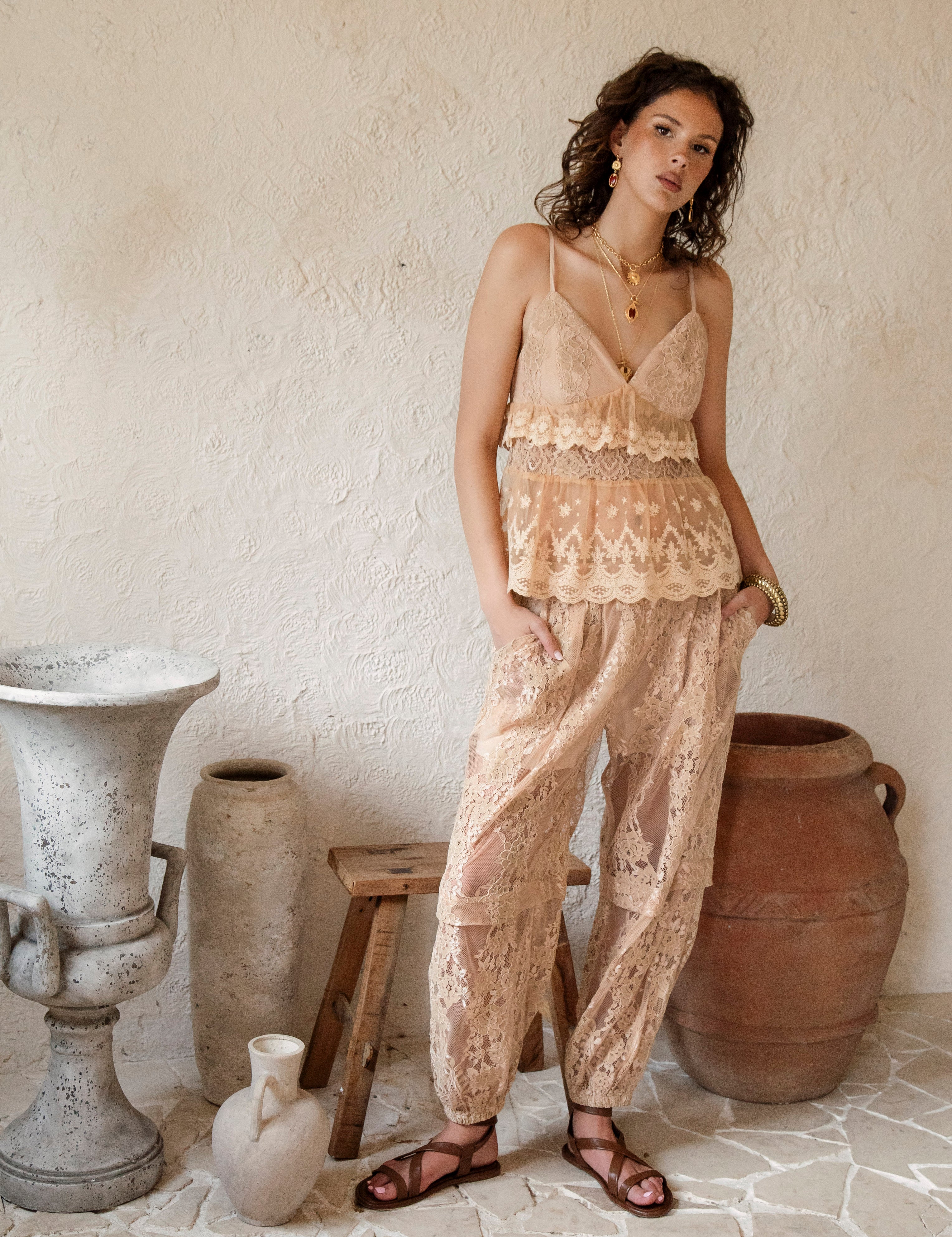 Whimsy Camisole Nude Lace worn with matching Zahlie Harem Pant