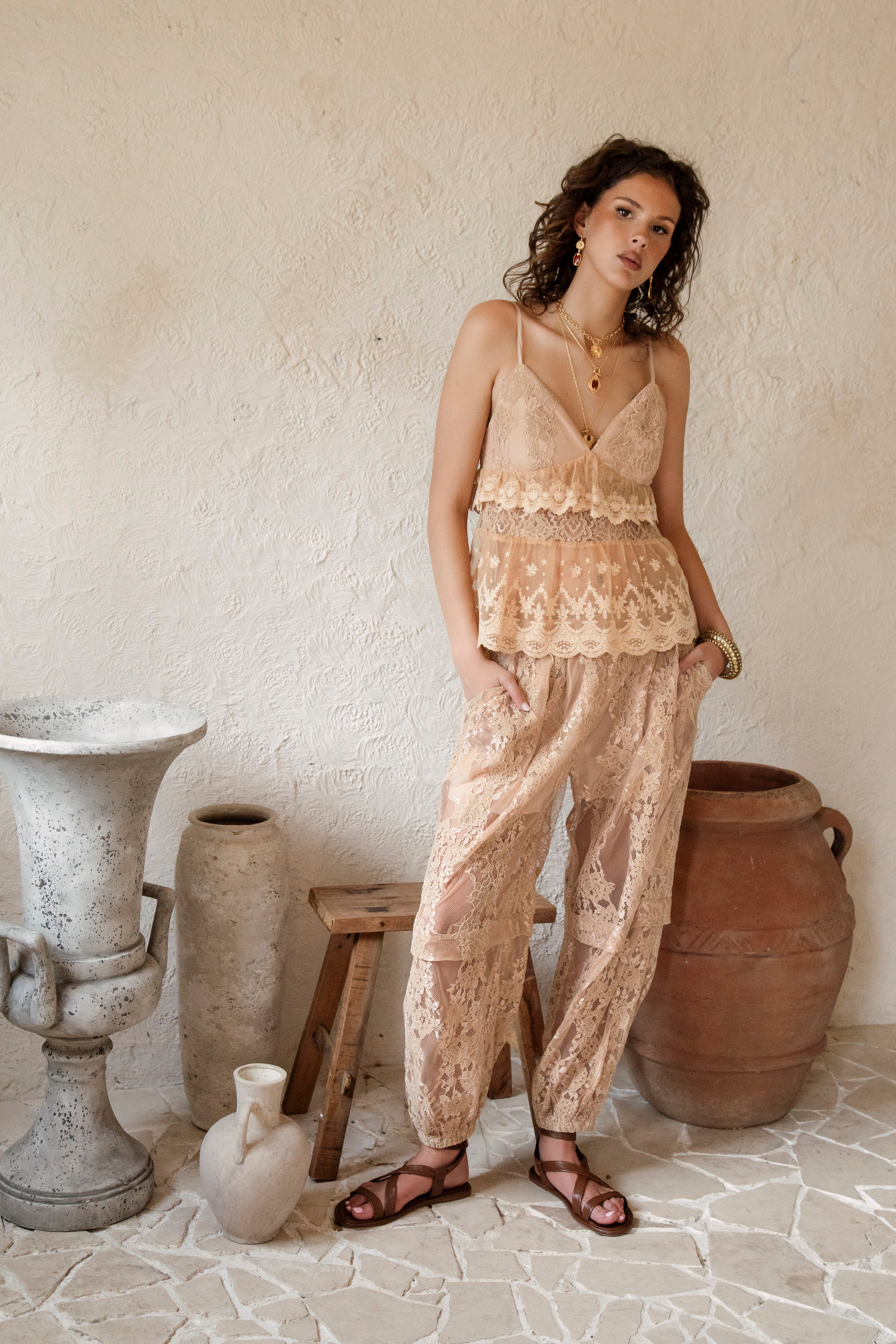 Whimsy Camisole Nude Lace worn with matching Zahlie Harem Pant