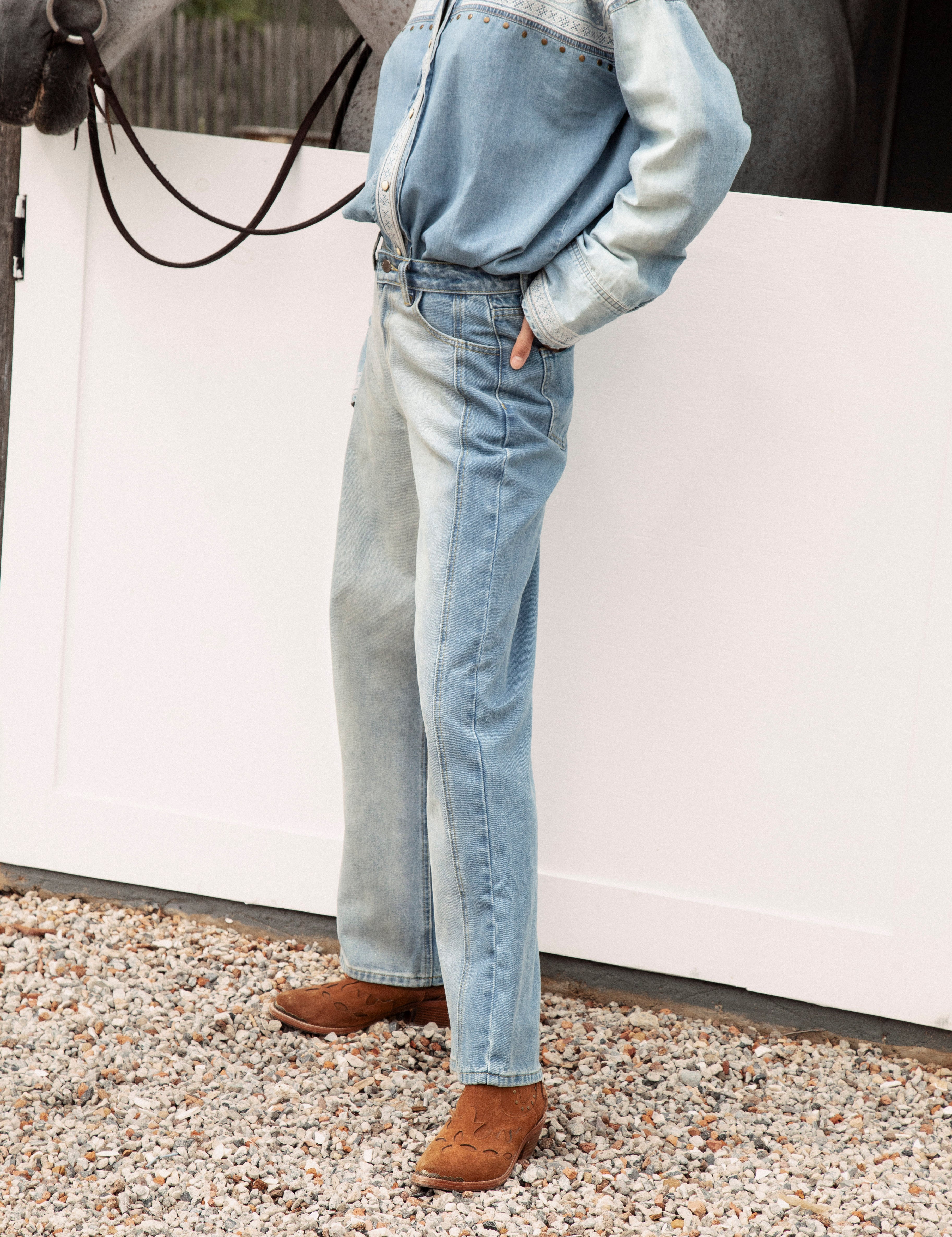 Wild One Two Tone Jean. Side view showcasing two different shades of denim.