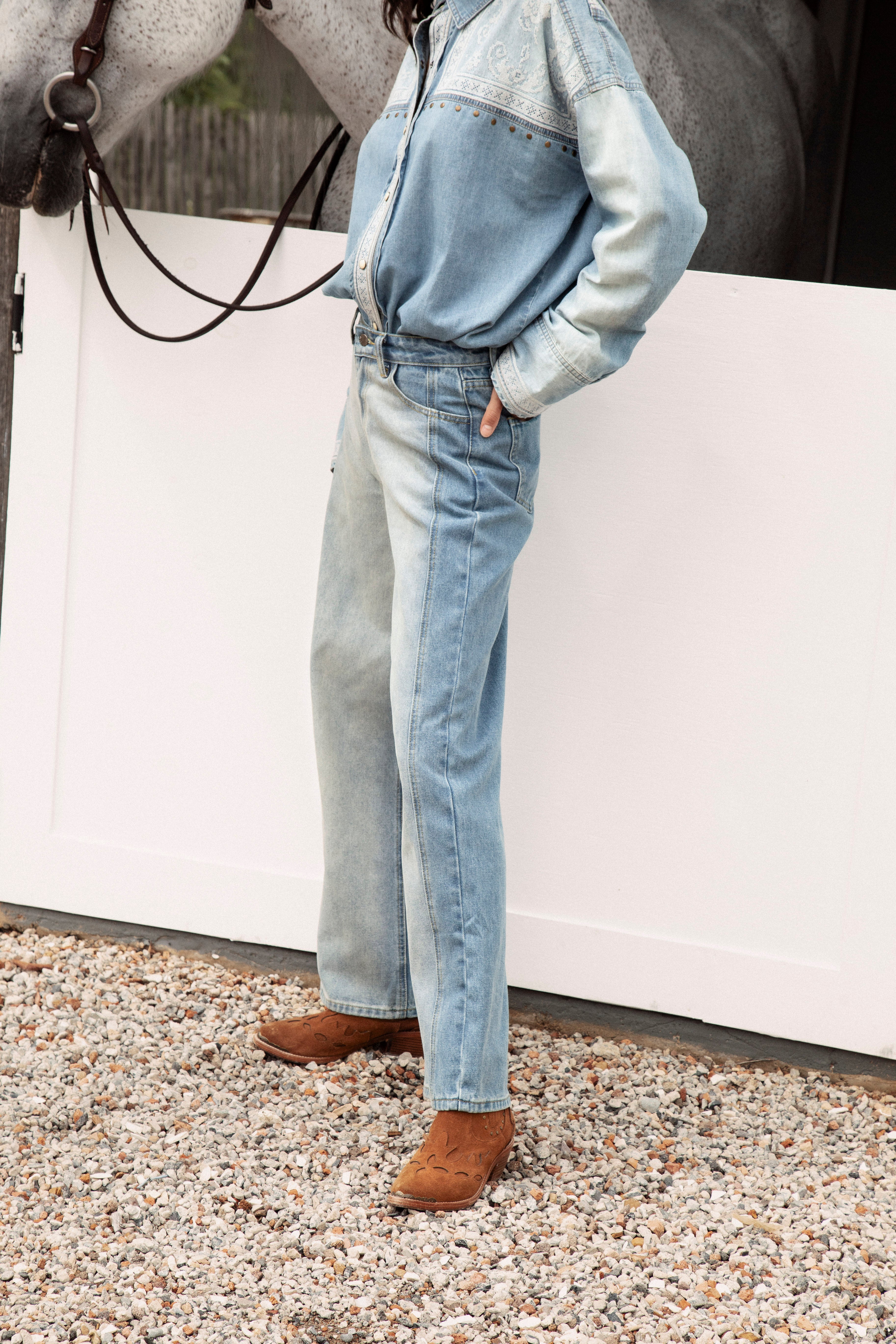 Wild One Two Tone Jean. Side view showcasing two different shades of denim.