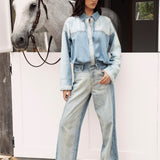 Wild One Two Tone Jean. Showcasing two different shades of denim. Relaxed fit with high waist.
