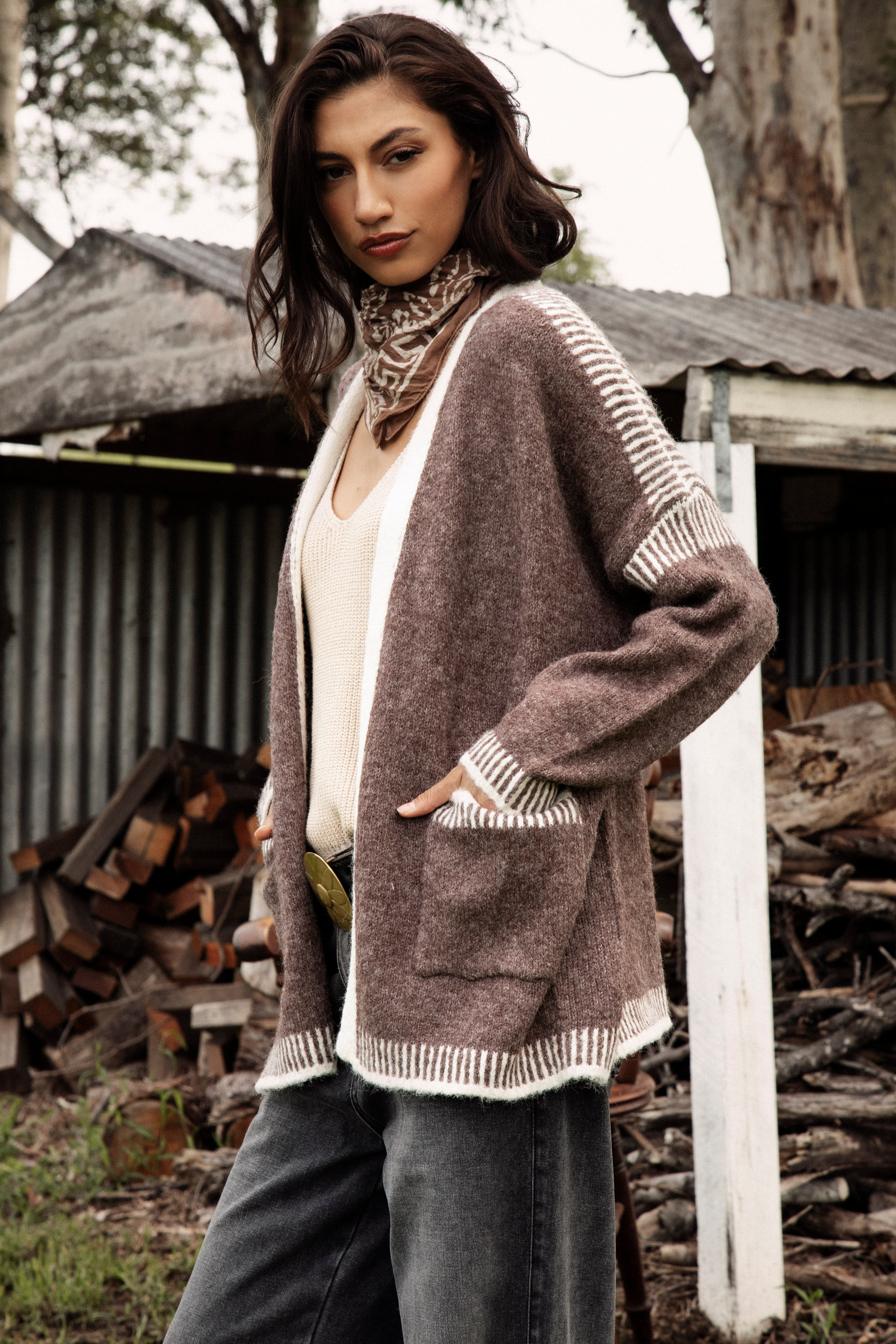 Wildheart Relaxed Knit - cosy cardigan in chocolate colourway with contrasting stitching.