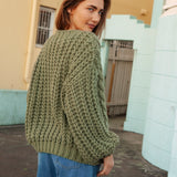 Wildwood Knit Evergreen  - rear view showcasing sage green colourway and chunky knit.