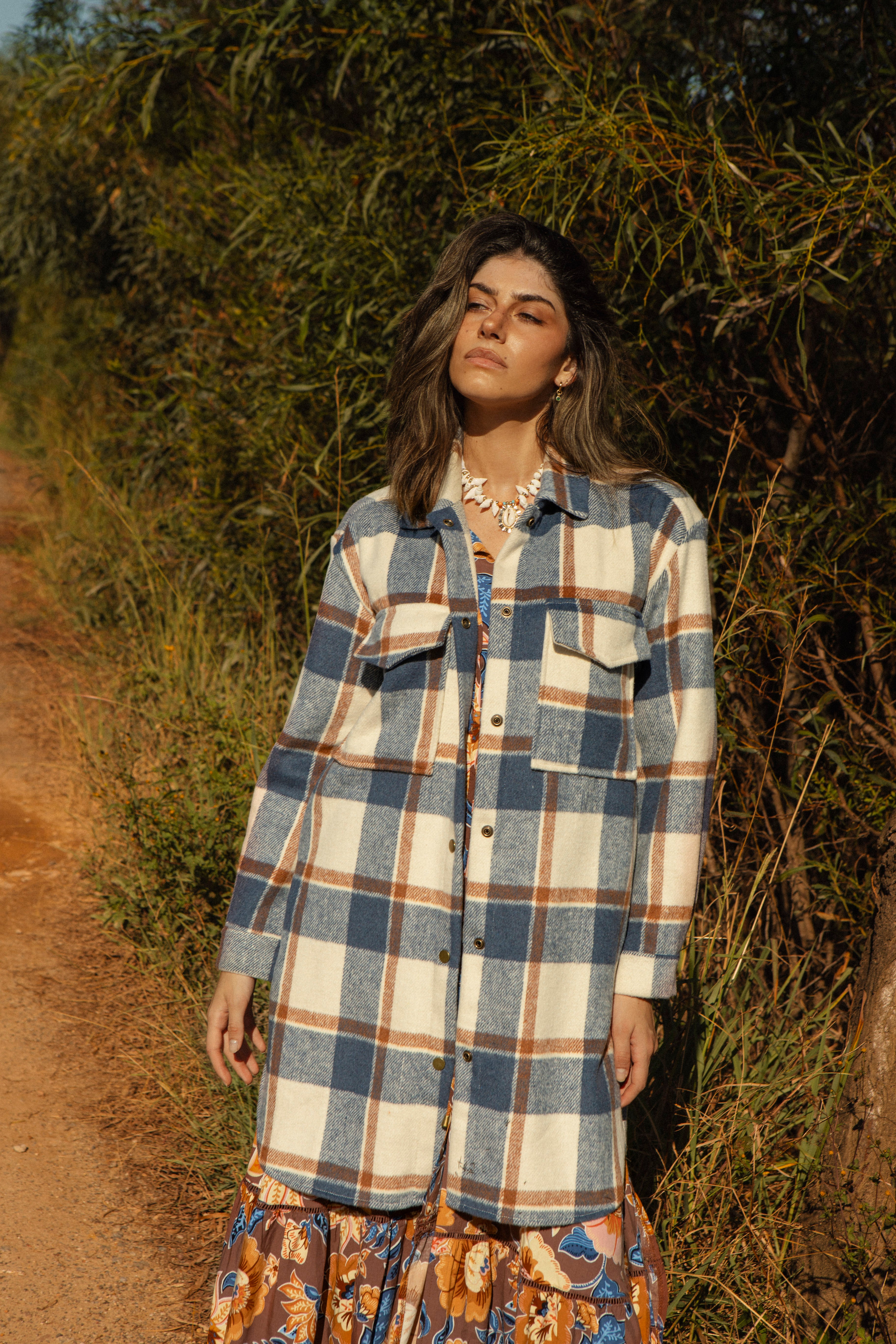 Woodland Shacket Denim - checkered longline shacket in shades of blue, brown and cream