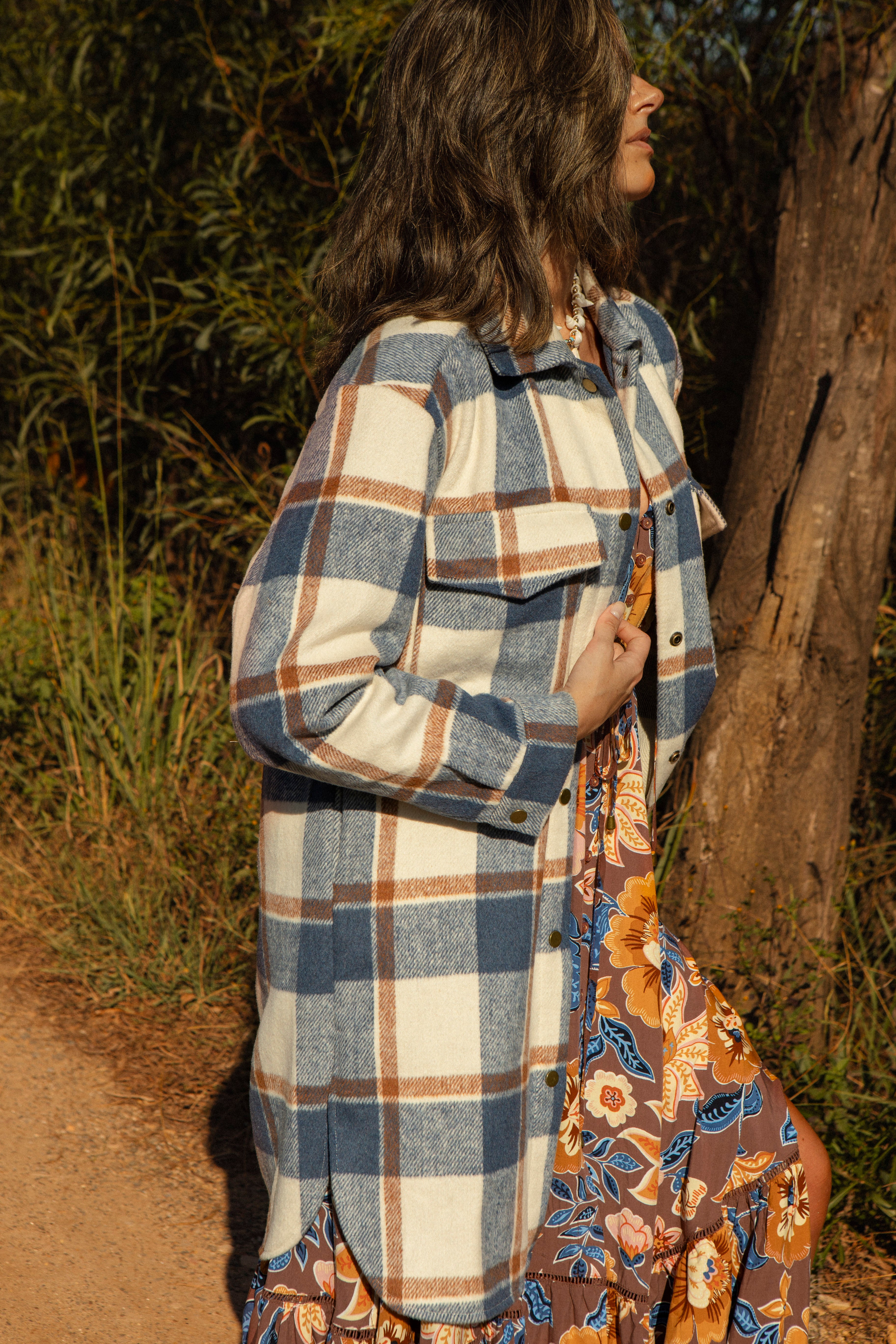 Woodland Shacket in Denim colourway. Side View.