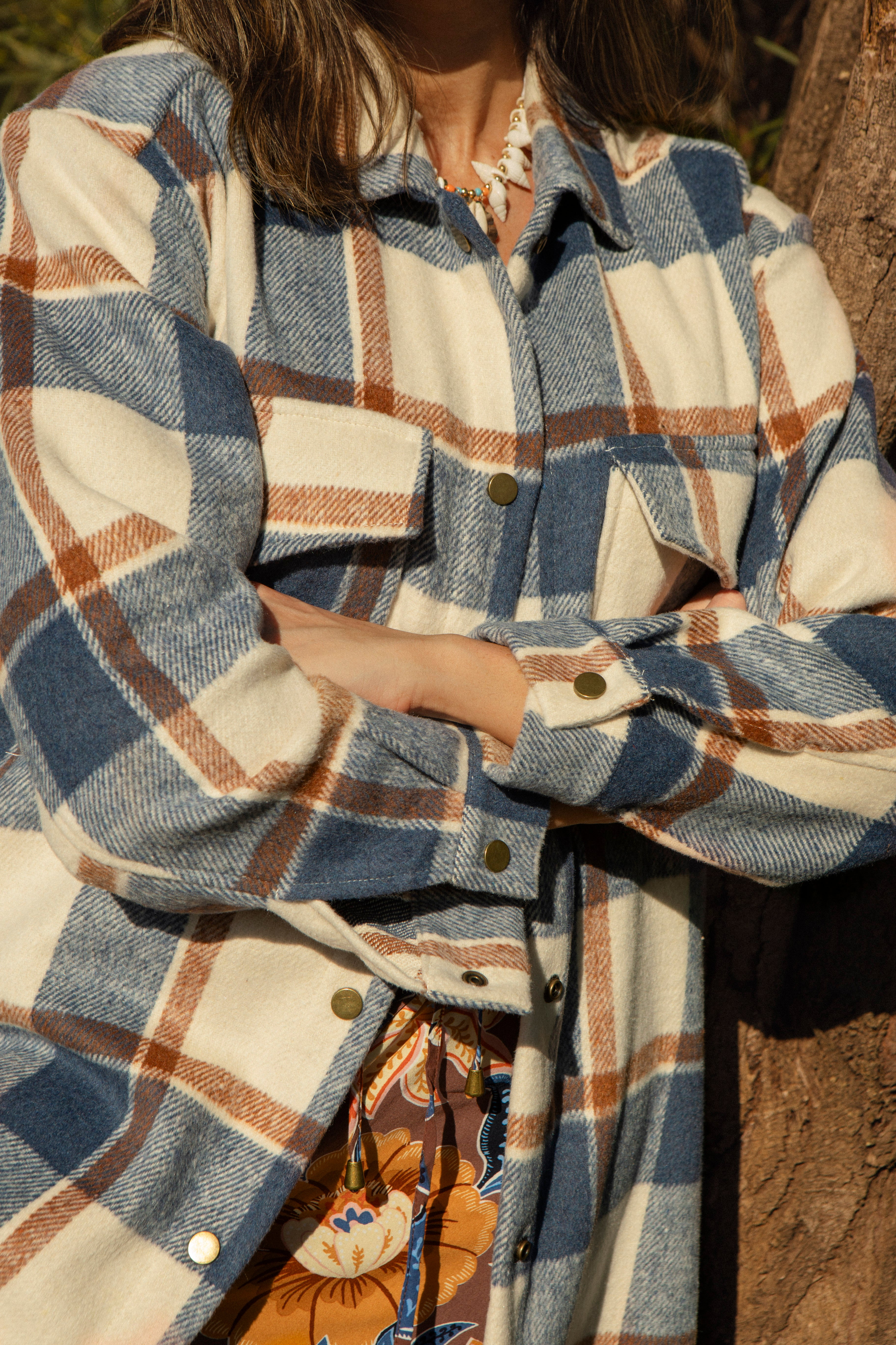 Woodland Shacket in Denim colourway. Close up view.