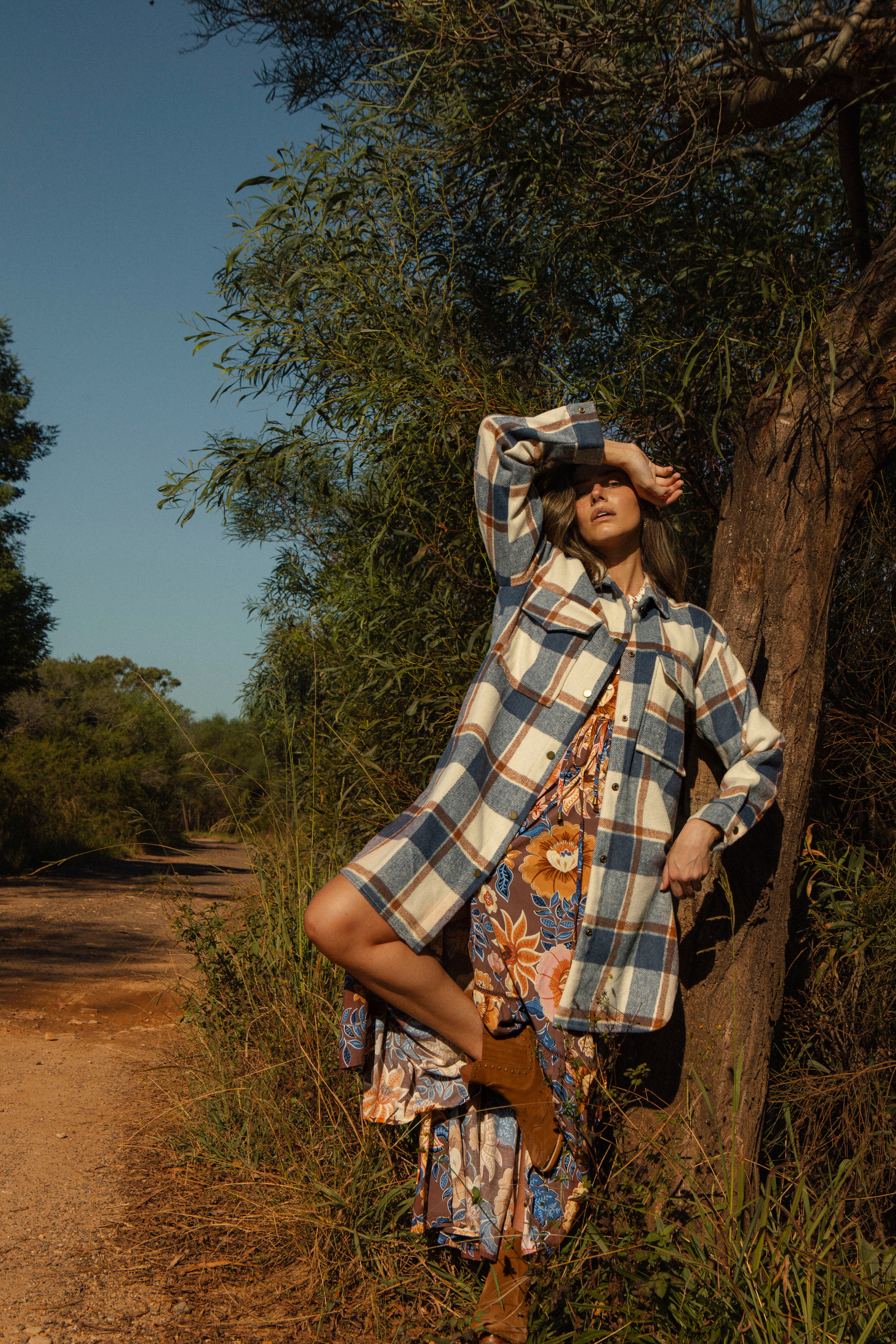 Woodland Shacket Denim worn with the Catalonia Maxi and Traveller Boots.