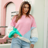 Wrangler Knit Candy - chunky knit sweater featuring geometric pattern in shades or pink, light blue, aqua and cream