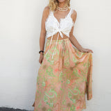 Xanadu Linen Skirt Blush features maxi length and delicate Boho pattern in shades of pink and green