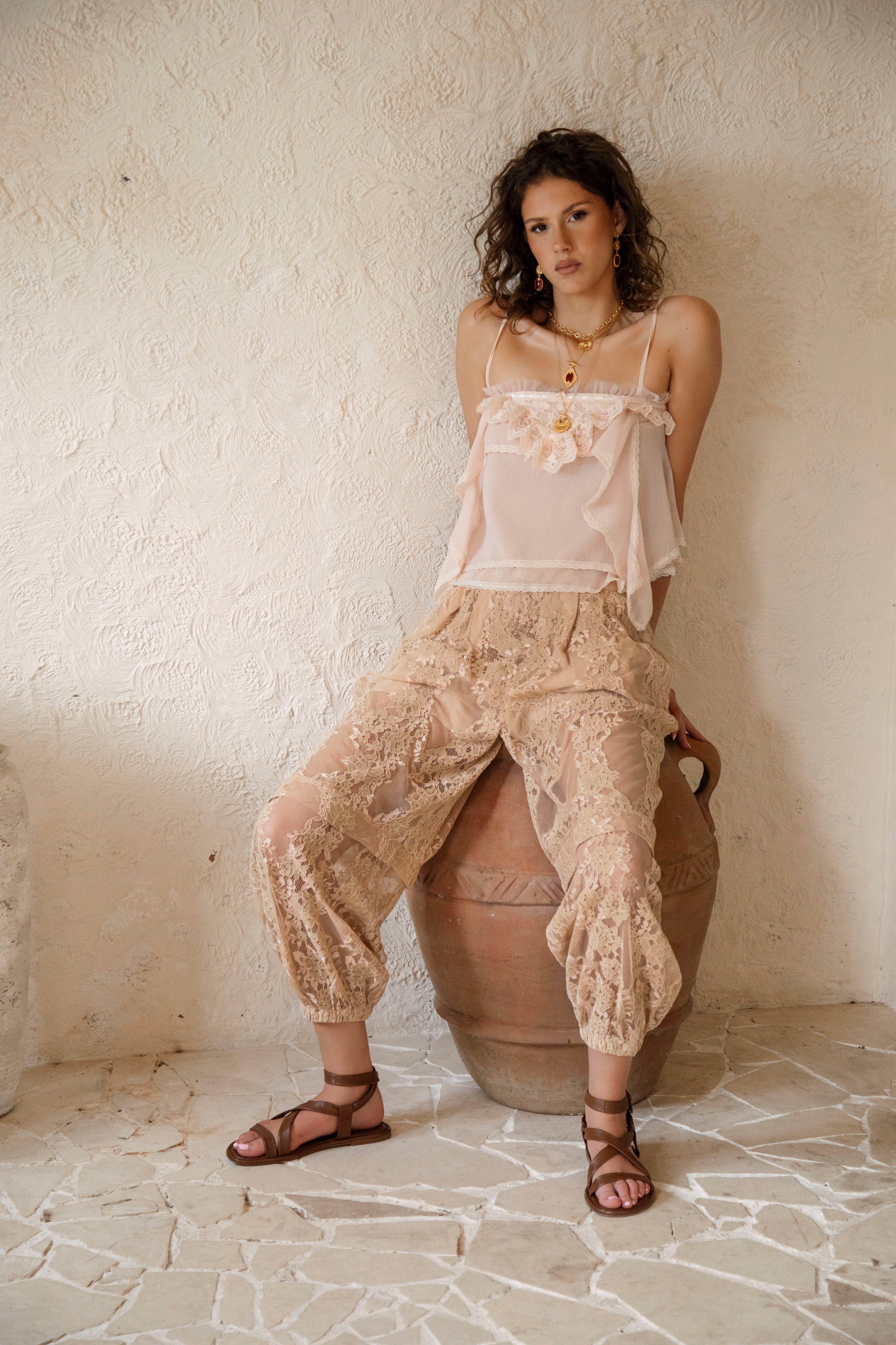 Zahlie Harem Pants Nude Lace worn with beige cami