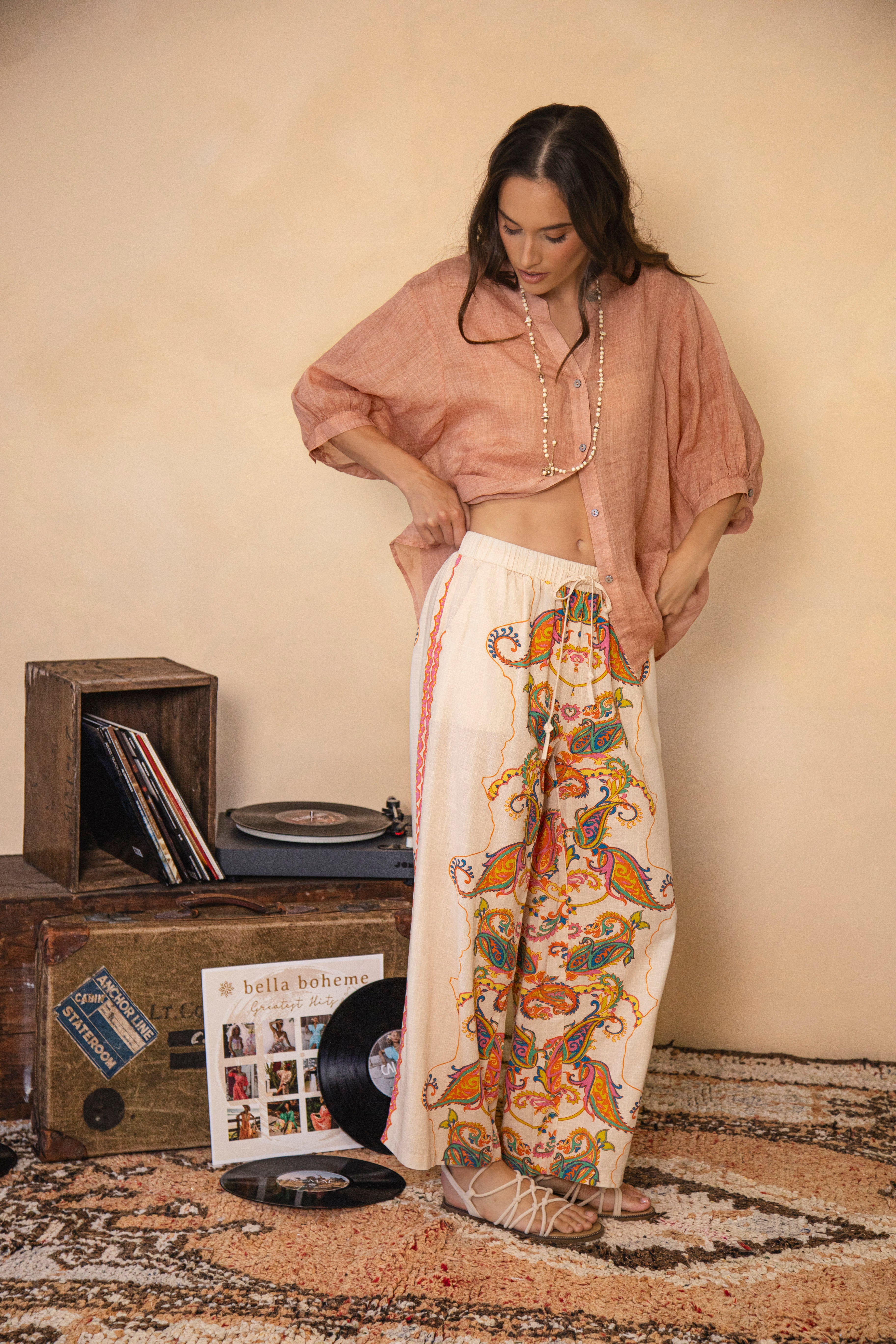 Zimmie Linen Pant featuring vibrant paisley pattern and stripe detail