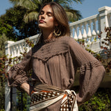 Zimmie Peasant Blouse Chocolate features long sleeve style, shirred bodice and brown colourway