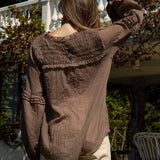 Zimmie Peasant Blouse Chocolate - showcasing shirred bodice at rear