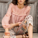 Zimmie Peasant Blouse Peach - long sleeve delicate cotton blouse in dusky pink colourway