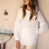 Zimmie Peasant Blouse White featured shirred bodice, long sleeves and relaxed peasant style