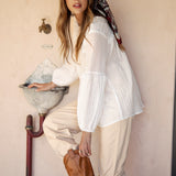 Zimmie Peasant Blouse White - side view showcasing long sleeves and ruffle detail
